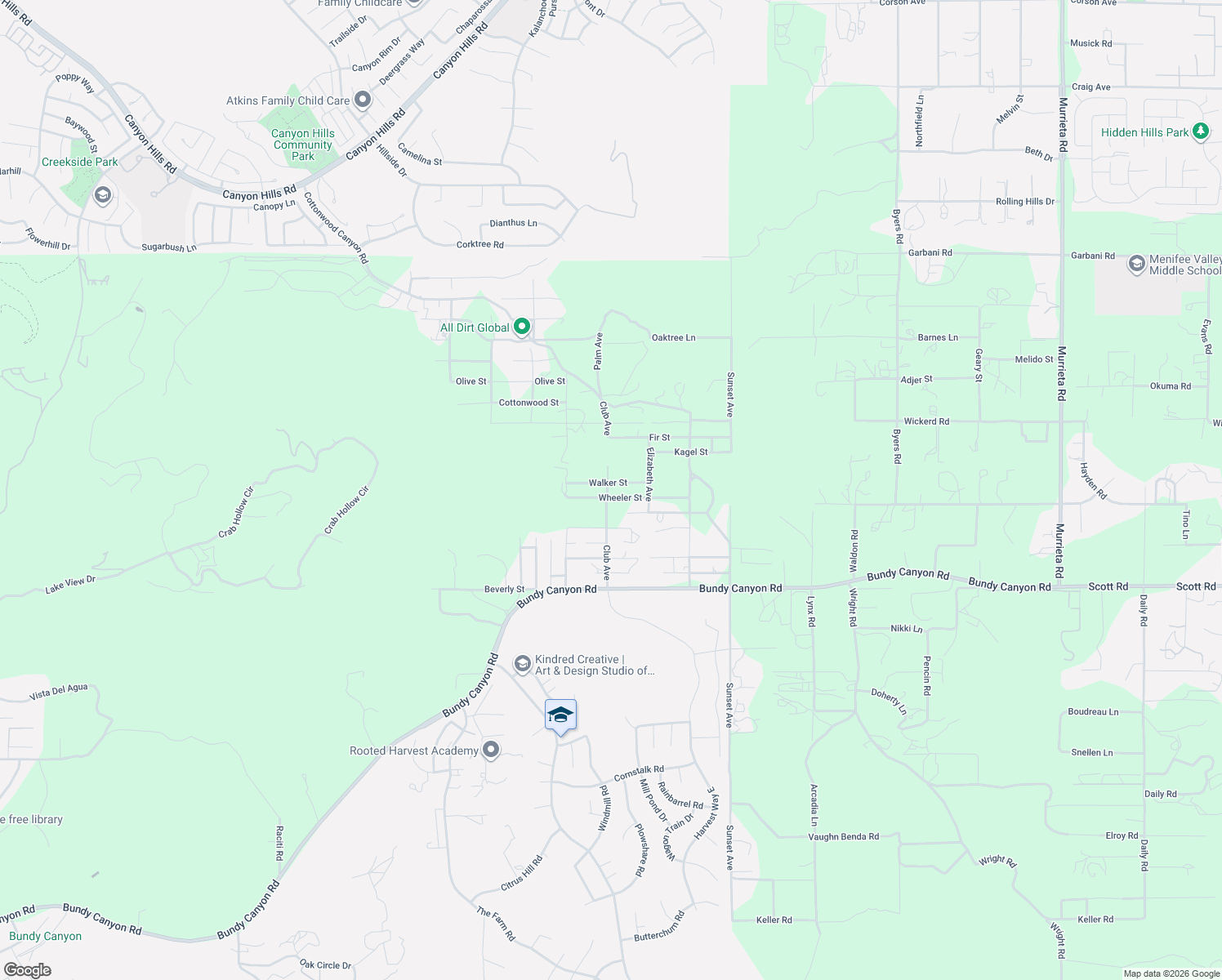 map of restaurants, bars, coffee shops, grocery stores, and more near 24630 Ennis Street in Menifee