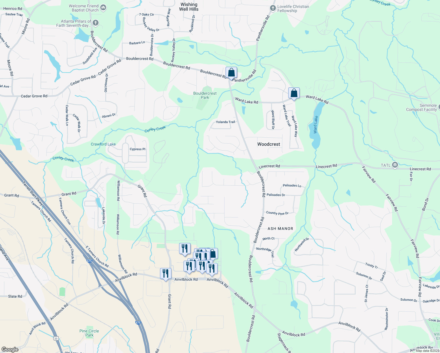 map of restaurants, bars, coffee shops, grocery stores, and more near 3953 Tyler Court in Ellenwood
