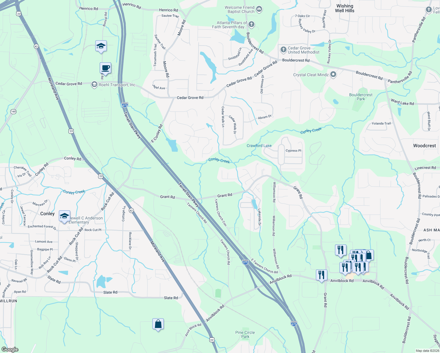 map of restaurants, bars, coffee shops, grocery stores, and more near 2361 Brookgate Way in Ellenwood