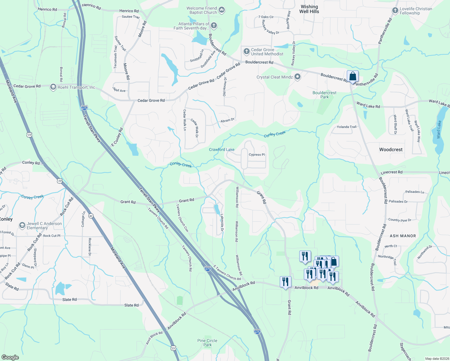 map of restaurants, bars, coffee shops, grocery stores, and more near 3832 Old Grant Road in Ellenwood