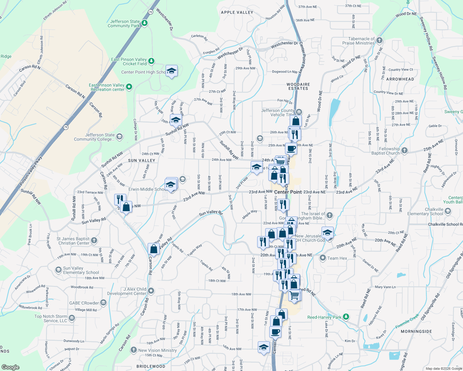 map of restaurants, bars, coffee shops, grocery stores, and more near 2309 3rd Street Northwest in Center Point