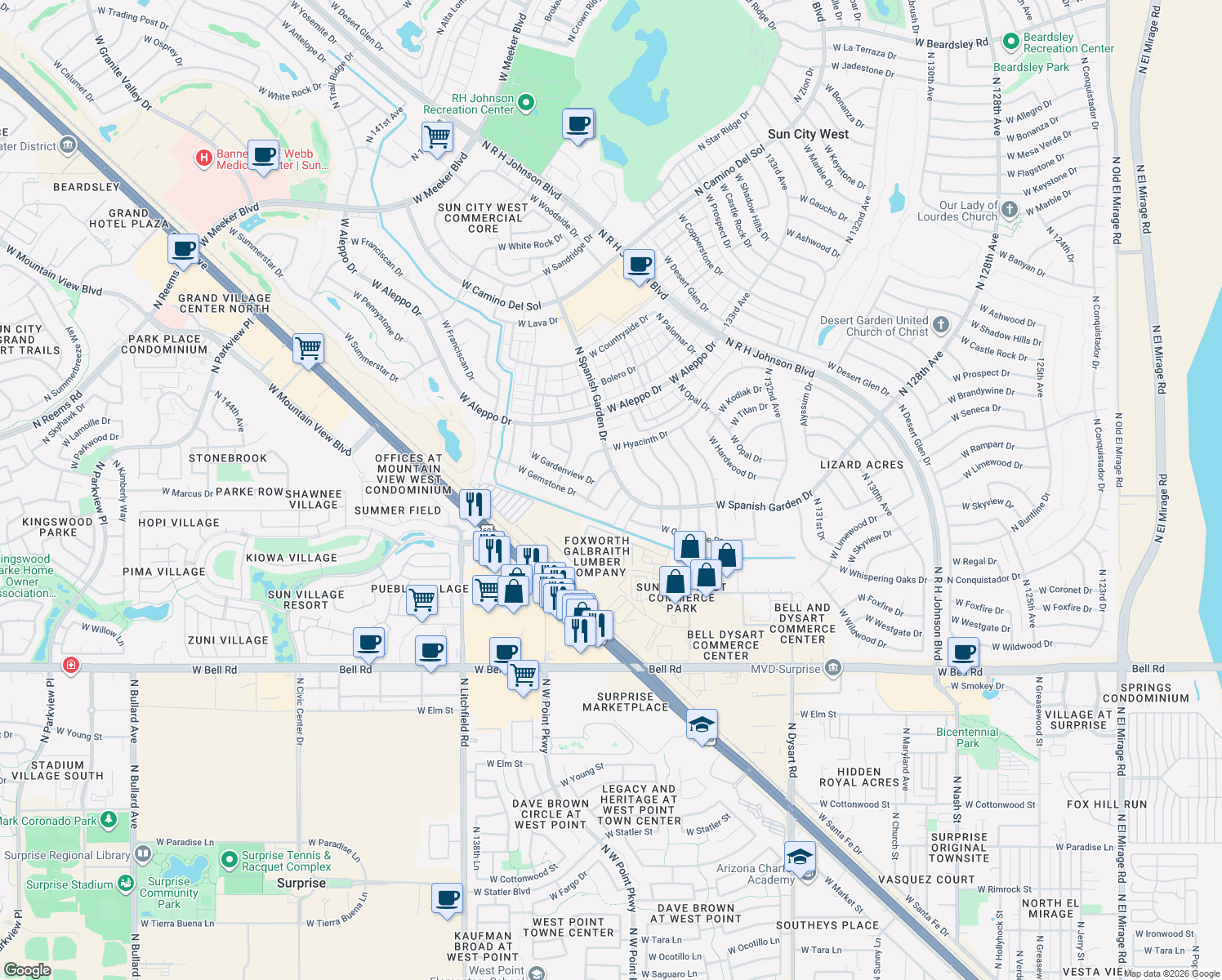 map of restaurants, bars, coffee shops, grocery stores, and more near 17618 N Bobwhite Dr in Sun City West