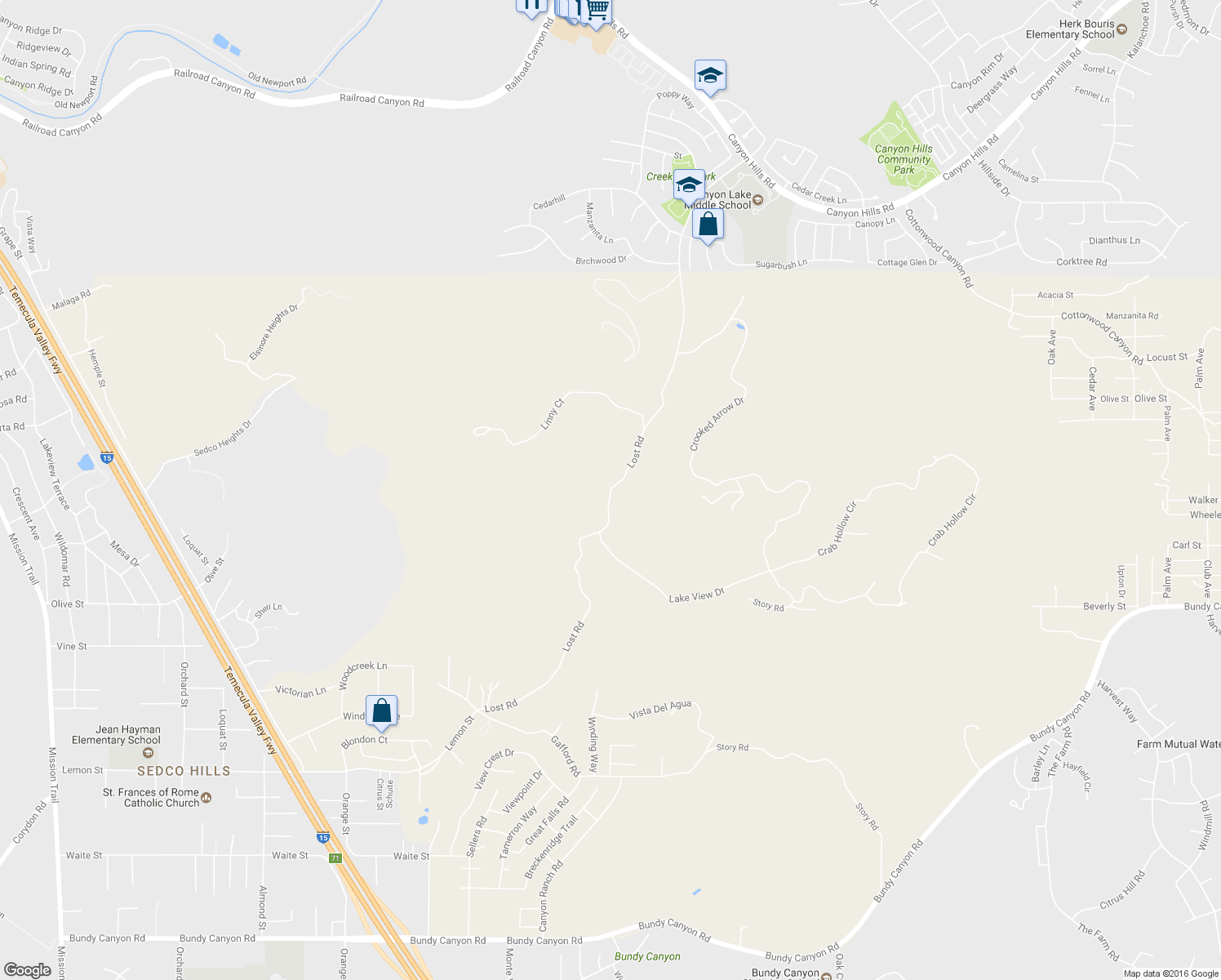 map of restaurants, bars, coffee shops, grocery stores, and more near Lost Road in Wildomar