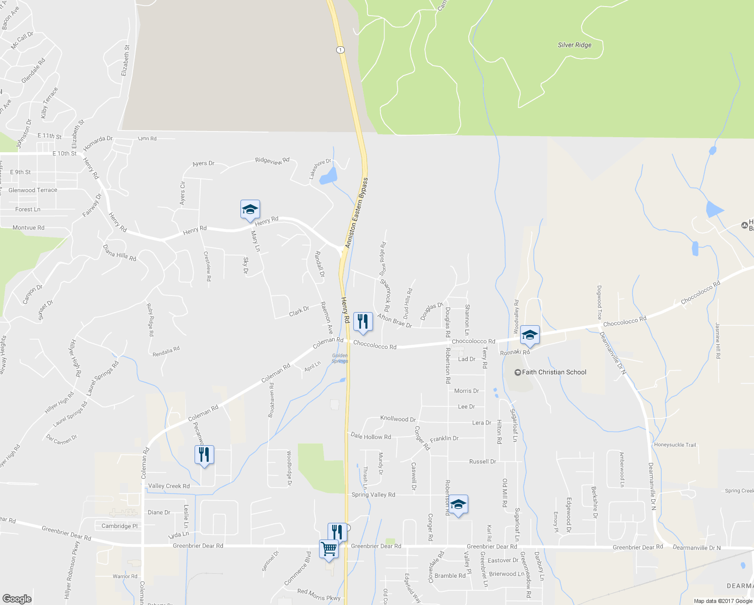 map of restaurants, bars, coffee shops, grocery stores, and more near 215 Afton Brae Drive in Anniston