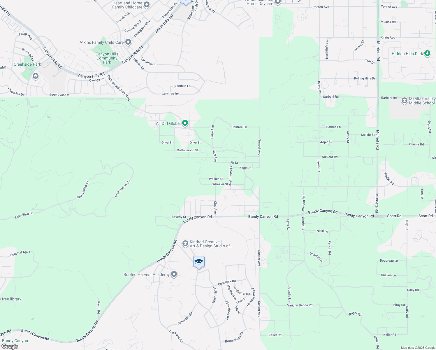 map of restaurants, bars, coffee shops, grocery stores, and more near 24630 Ennis Street in Menifee