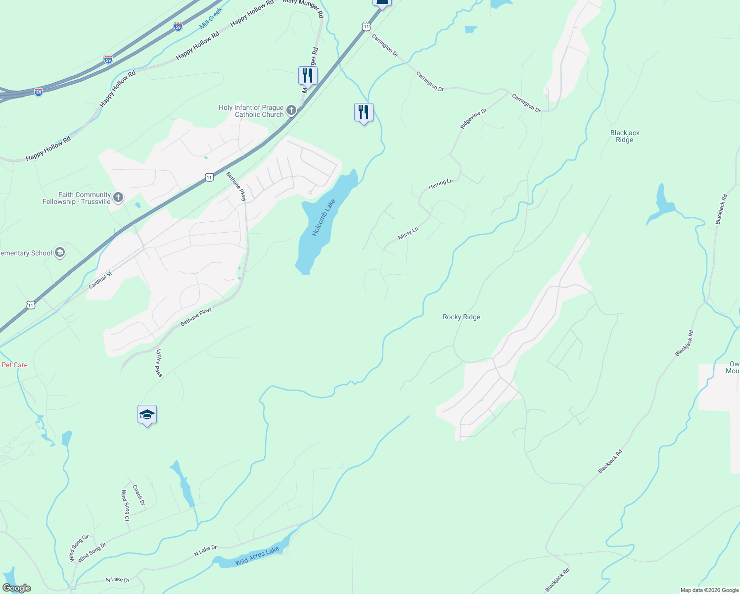 map of restaurants, bars, coffee shops, grocery stores, and more near 7701 Deer Trail in Trussville