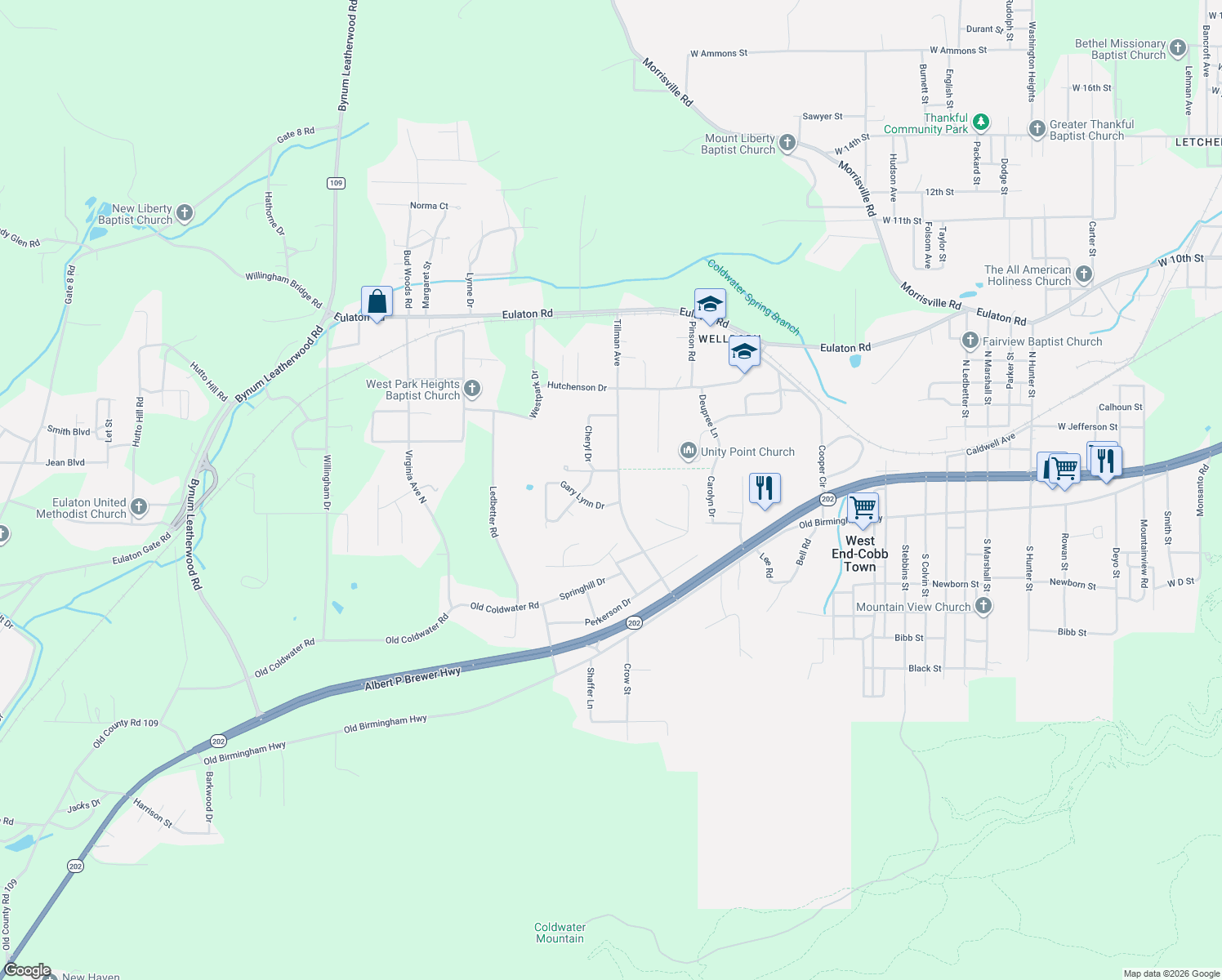 map of restaurants, bars, coffee shops, grocery stores, and more near 412 Tillman Ave in Anniston