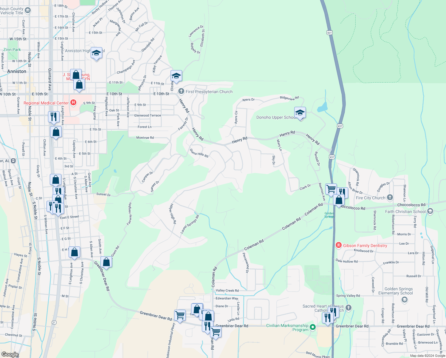 map of restaurants, bars, coffee shops, grocery stores, and more near 2 Christopher Way in Anniston