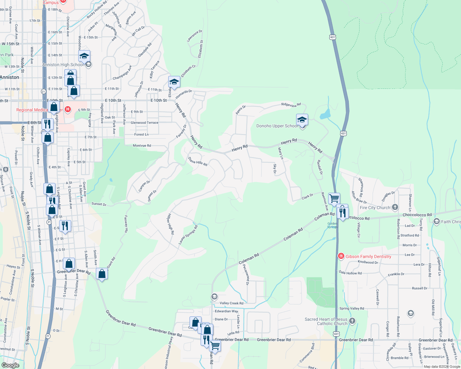 map of restaurants, bars, coffee shops, grocery stores, and more near 507 Hillyer High Road in Anniston