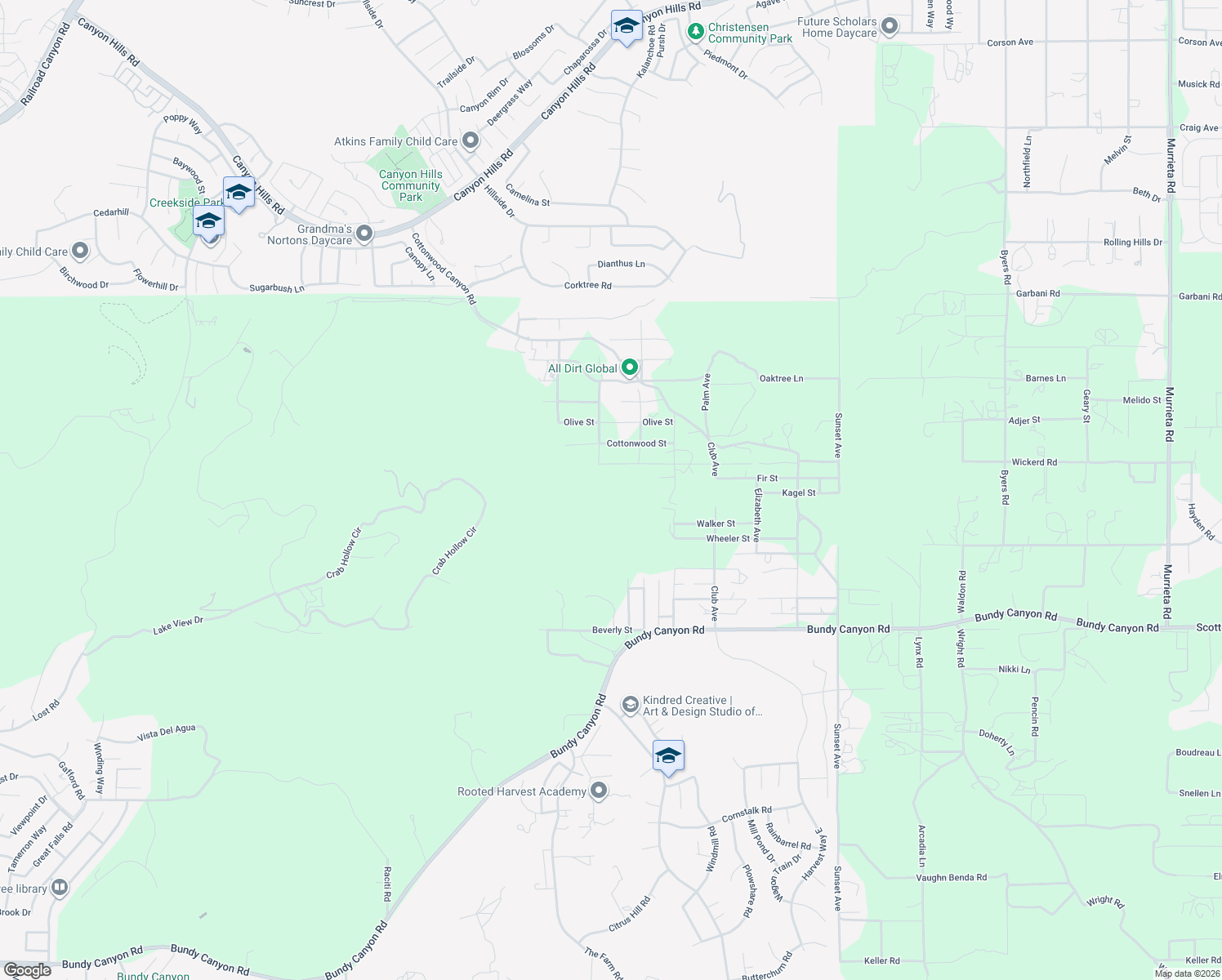 map of restaurants, bars, coffee shops, grocery stores, and more near 24186 Cottonwood Street in Menifee
