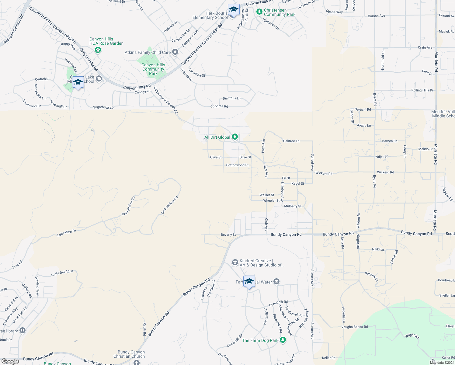 map of restaurants, bars, coffee shops, grocery stores, and more near Orange Street in Menifee
