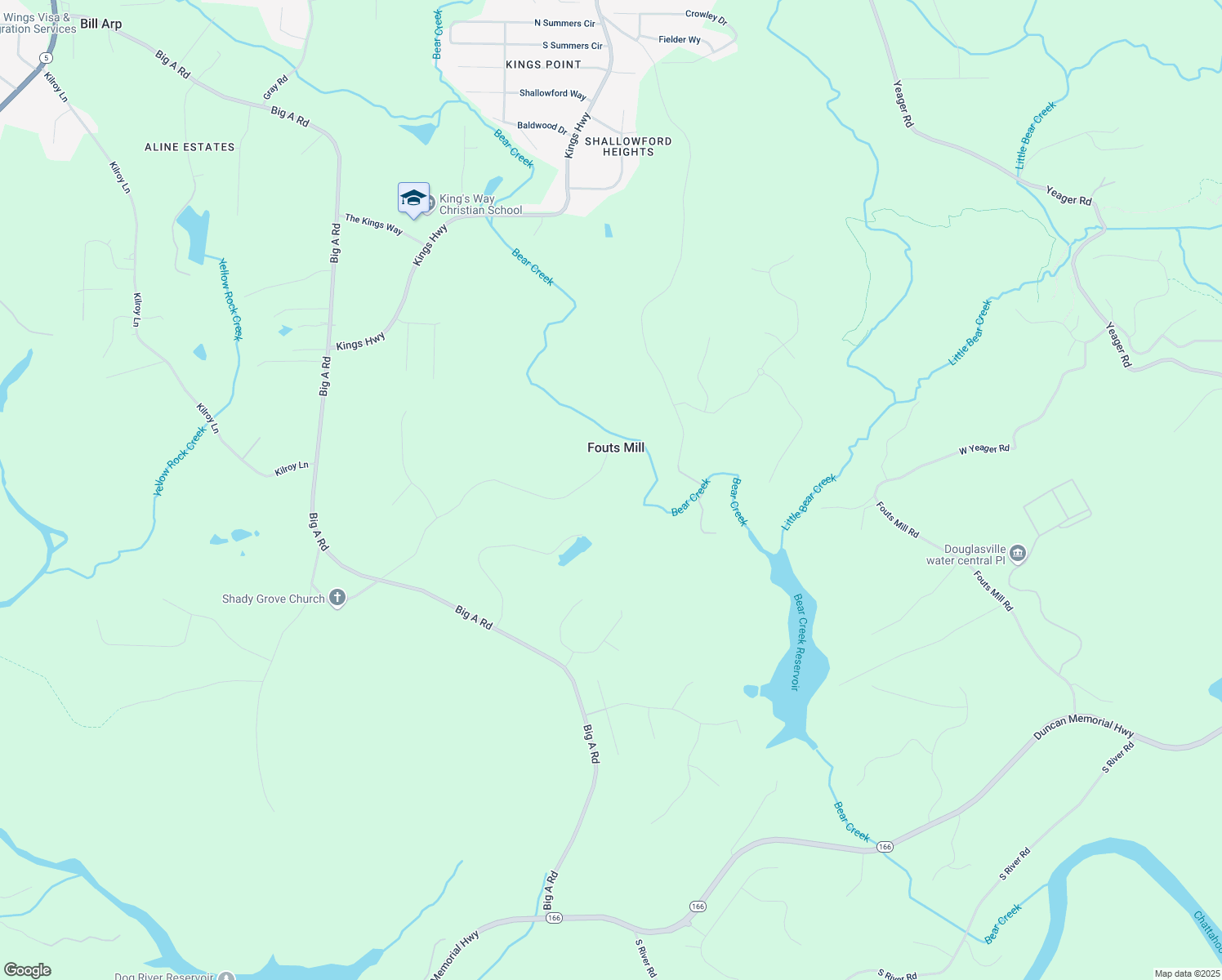 map of restaurants, bars, coffee shops, grocery stores, and more near 6125 Fouts Mill Road in Douglasville