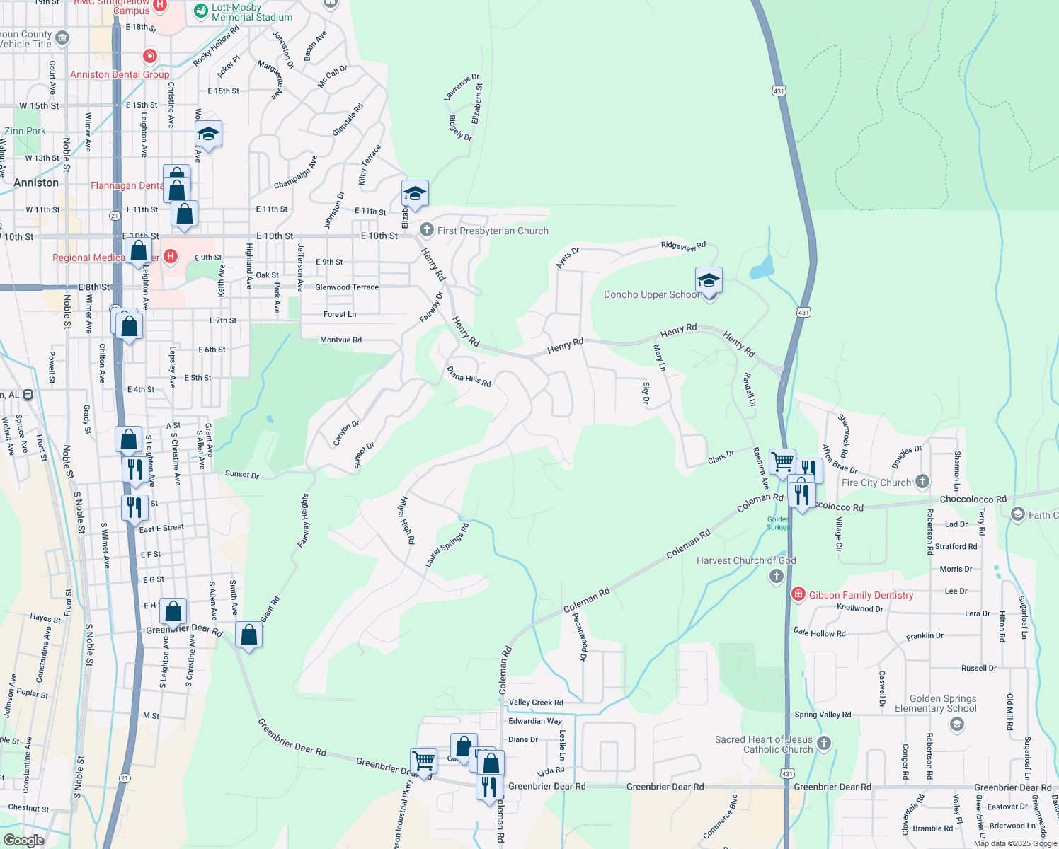 map of restaurants, bars, coffee shops, grocery stores, and more near 509 Hillyer High Road in Anniston