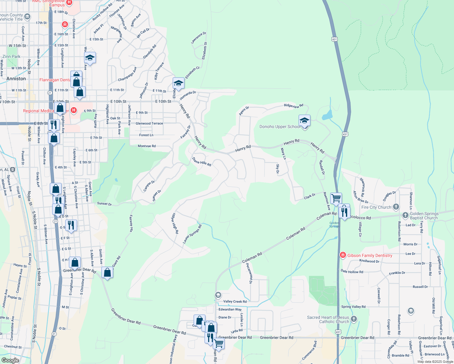 map of restaurants, bars, coffee shops, grocery stores, and more near 509 Hillyer High Road in Anniston
