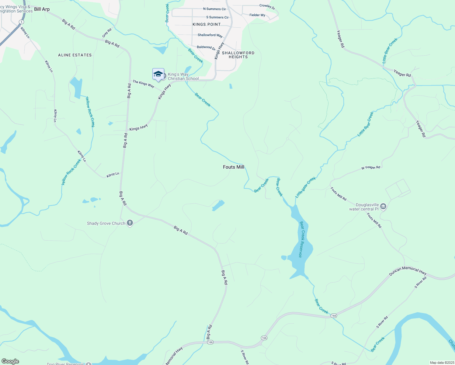 map of restaurants, bars, coffee shops, grocery stores, and more near 6125 Fouts Mill Road in Douglasville