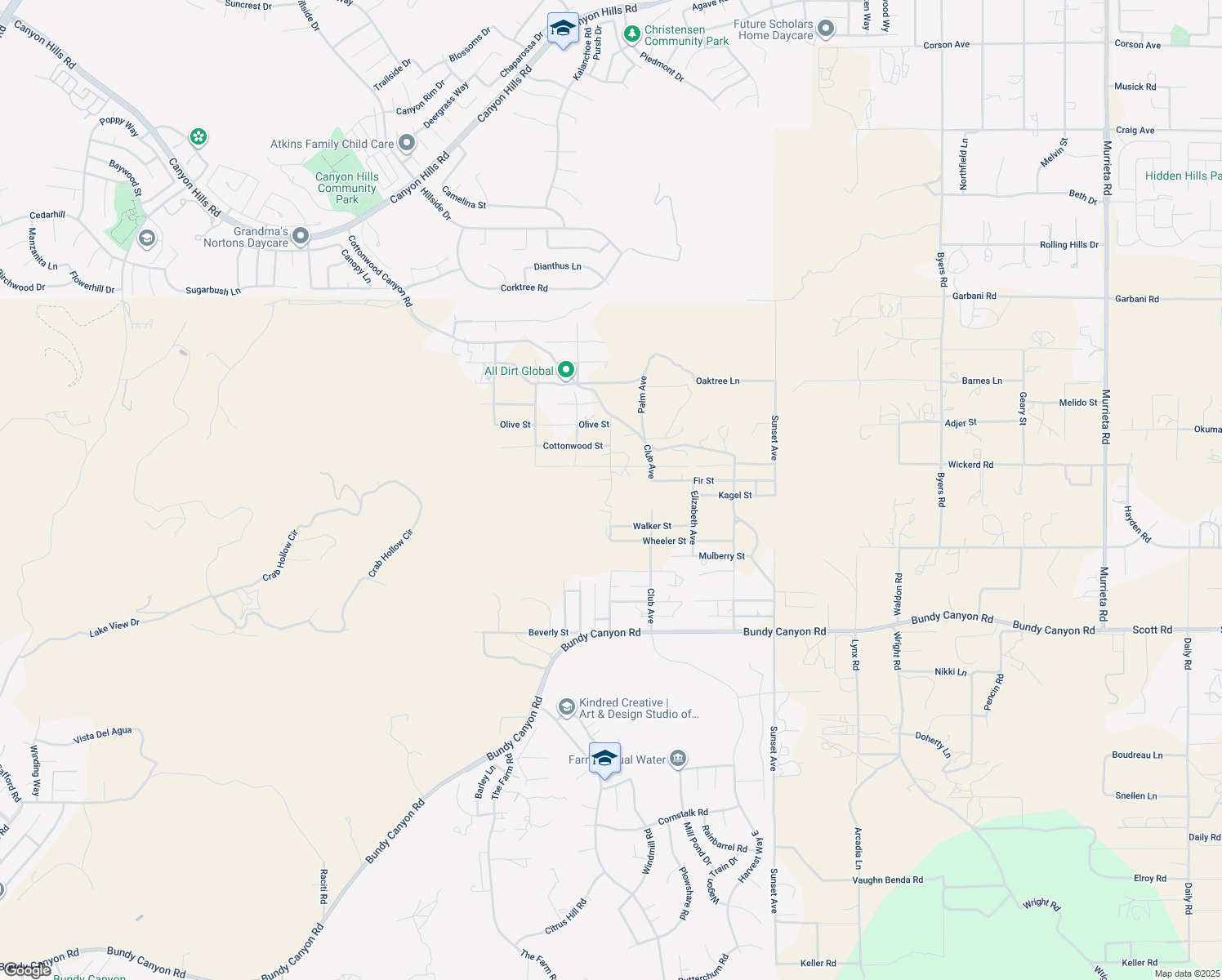 map of restaurants, bars, coffee shops, grocery stores, and more near Palm Avenue in Wildomar