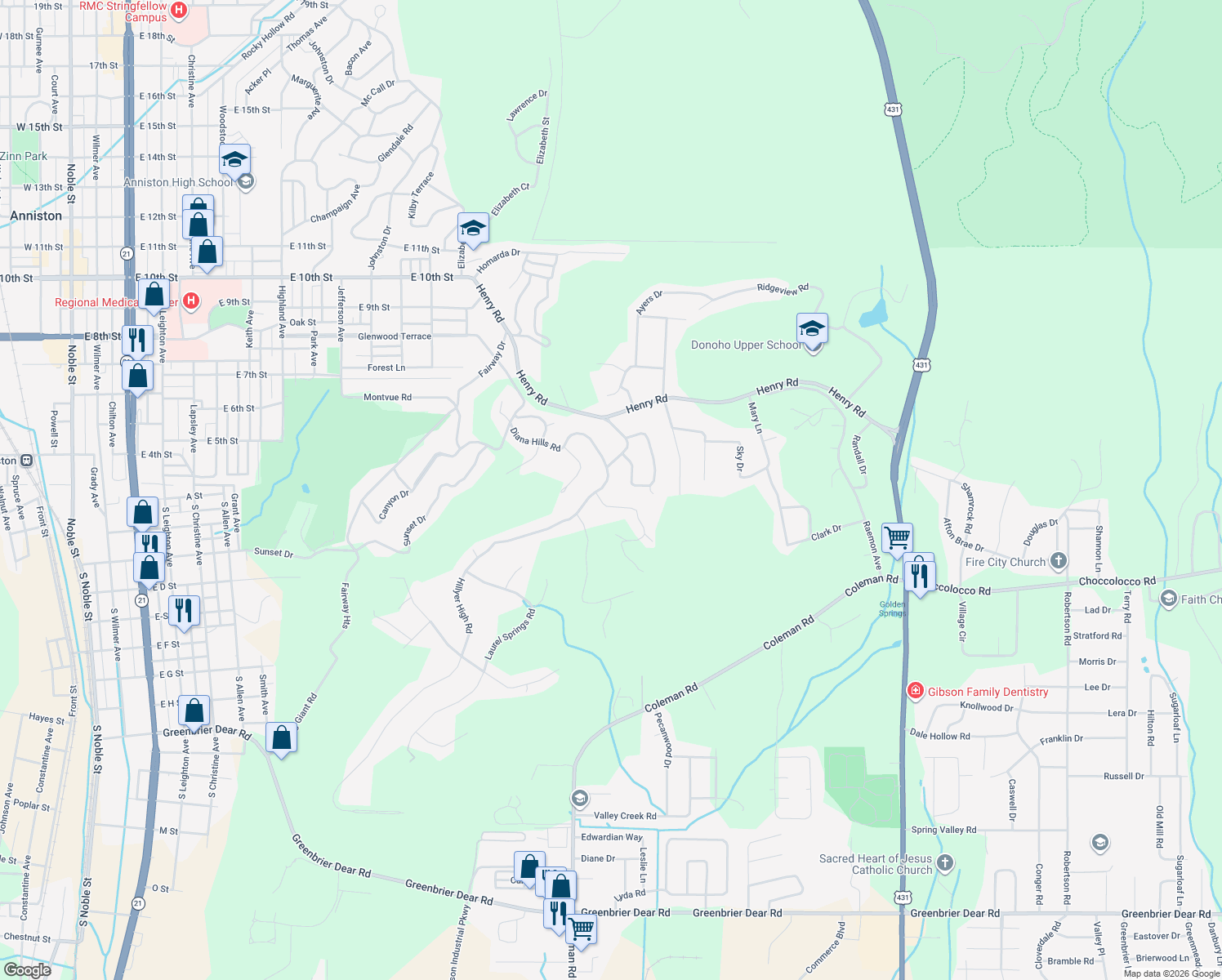 map of restaurants, bars, coffee shops, grocery stores, and more near 507 Hillyer High Rd in Anniston