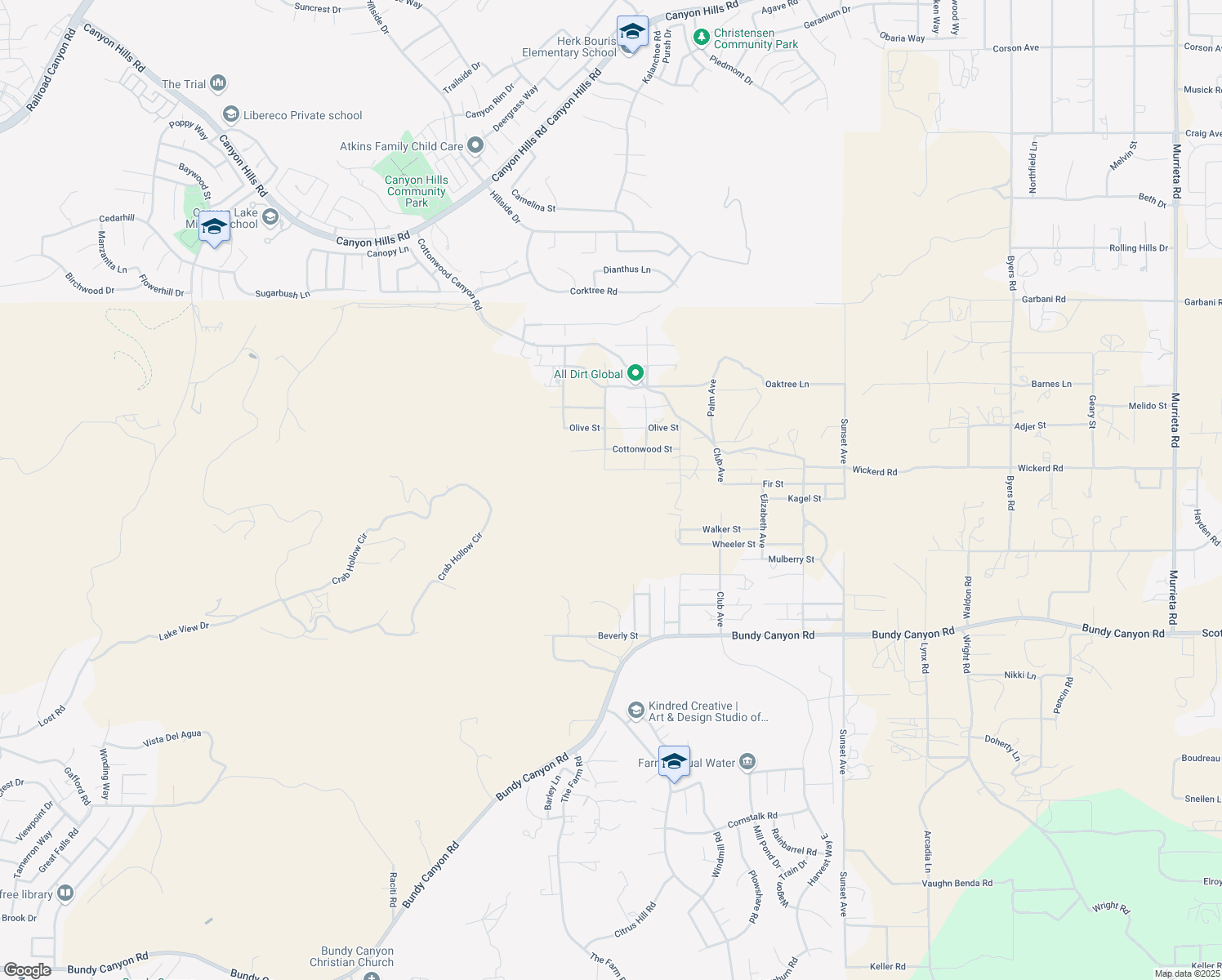 map of restaurants, bars, coffee shops, grocery stores, and more near Orange Street in Menifee