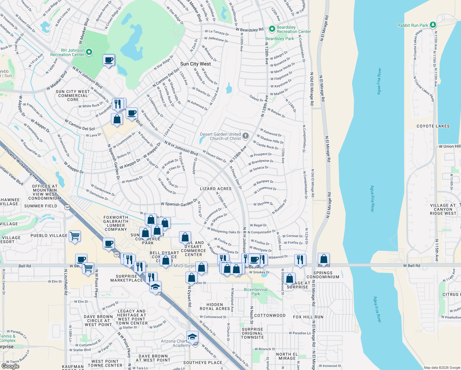 map of restaurants, bars, coffee shops, grocery stores, and more near 18007 North 129th Avenue in Sun City West