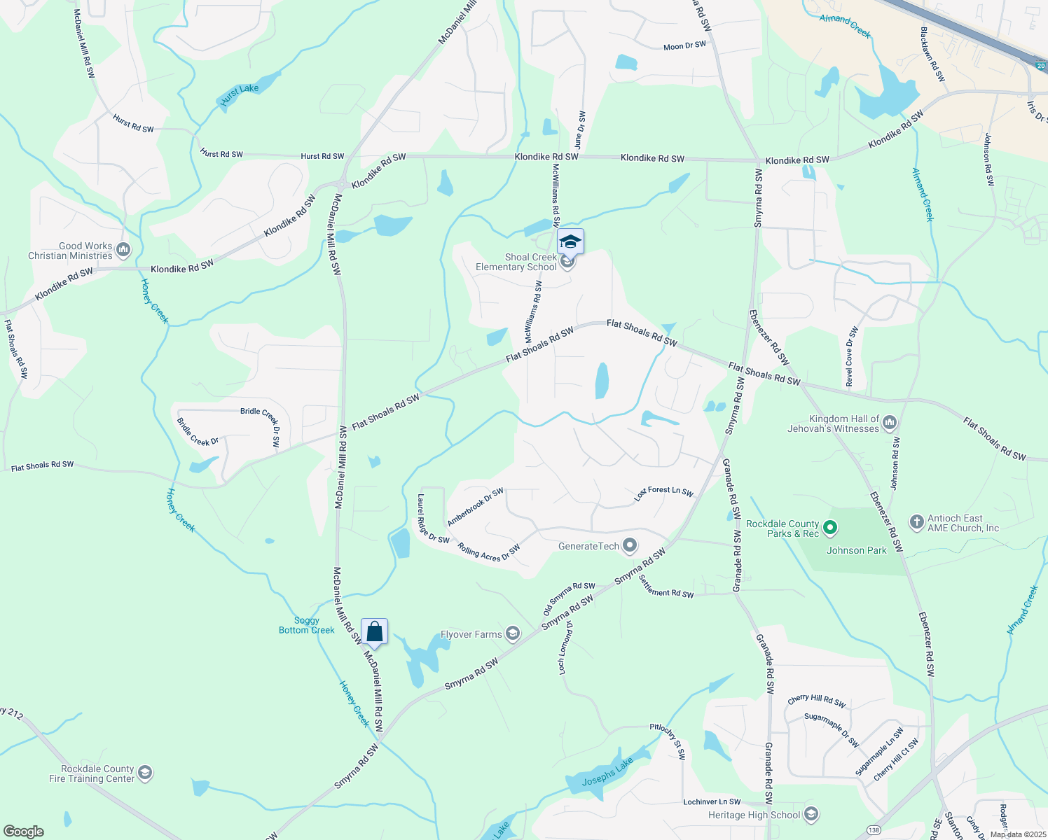 map of restaurants, bars, coffee shops, grocery stores, and more near 1519 Shoal Creek Drive Southwest in Conyers