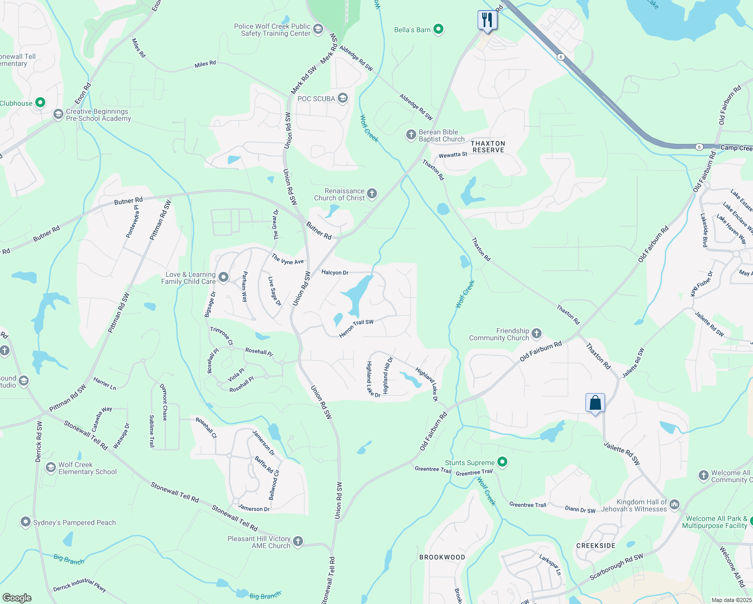 map of restaurants, bars, coffee shops, grocery stores, and more near 633 Herron Court in Fairburn