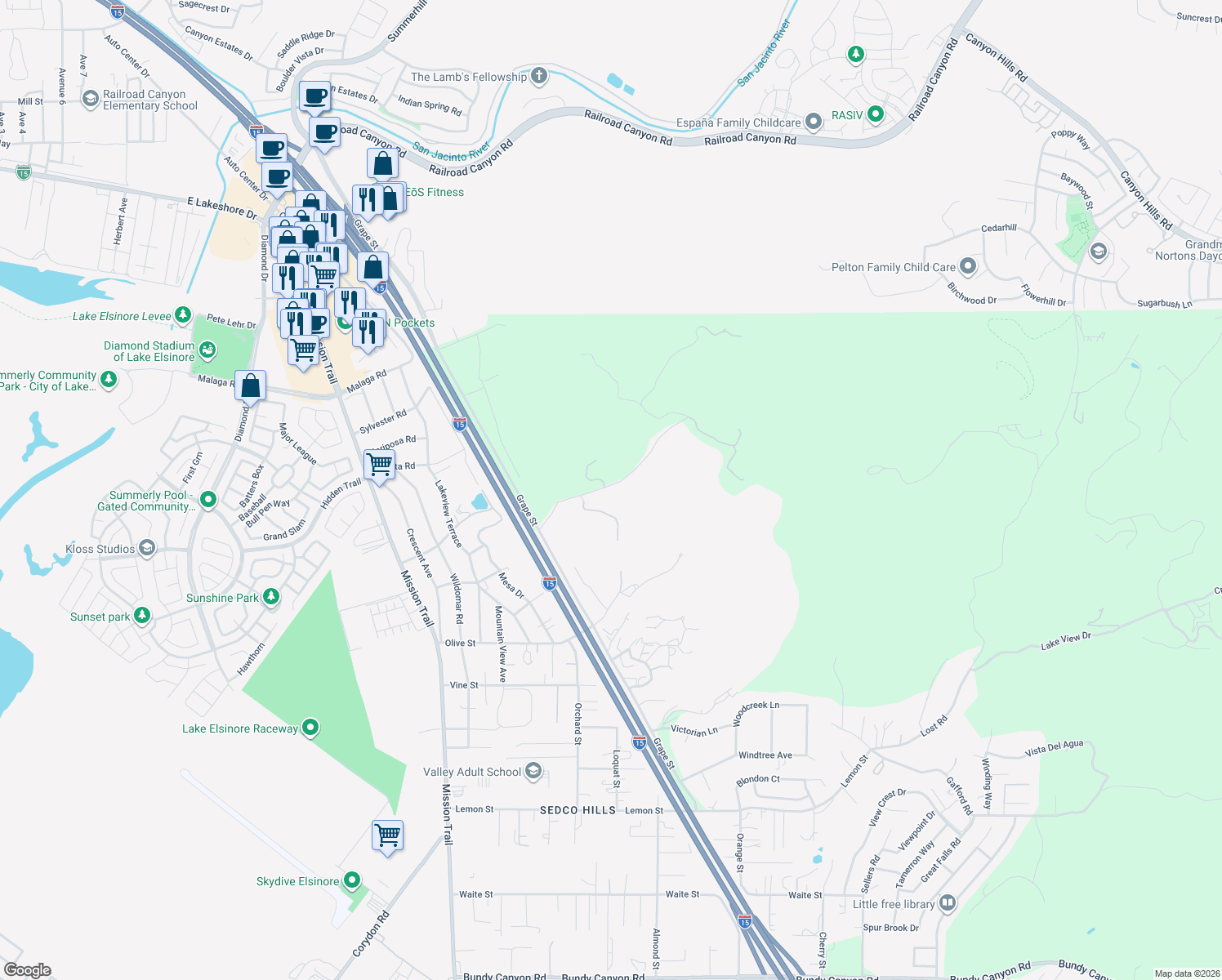 map of restaurants, bars, coffee shops, grocery stores, and more near 21710 Sedco Heights Drive in Wildomar