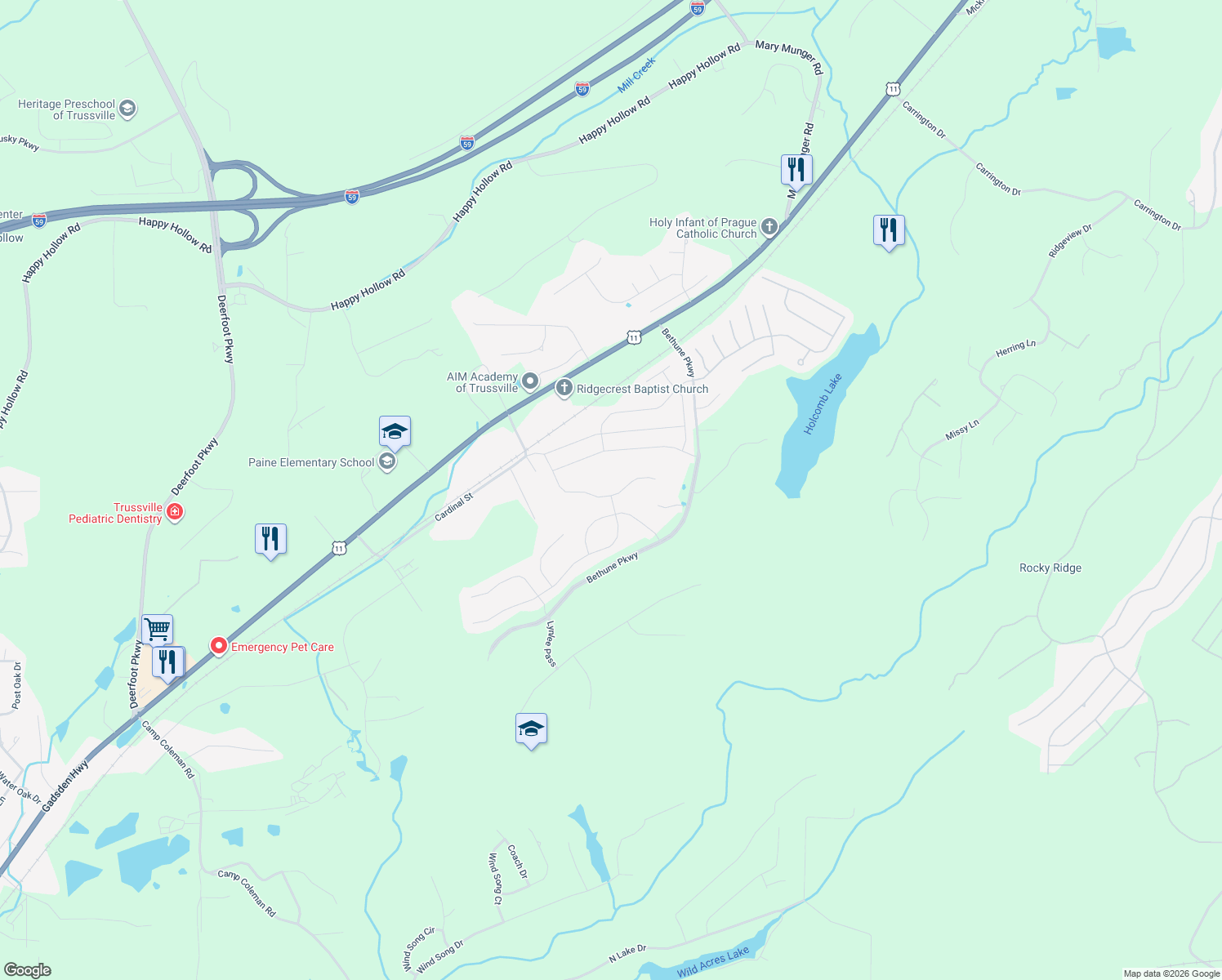 map of restaurants, bars, coffee shops, grocery stores, and more near 4934 Natalie Way in Trussville