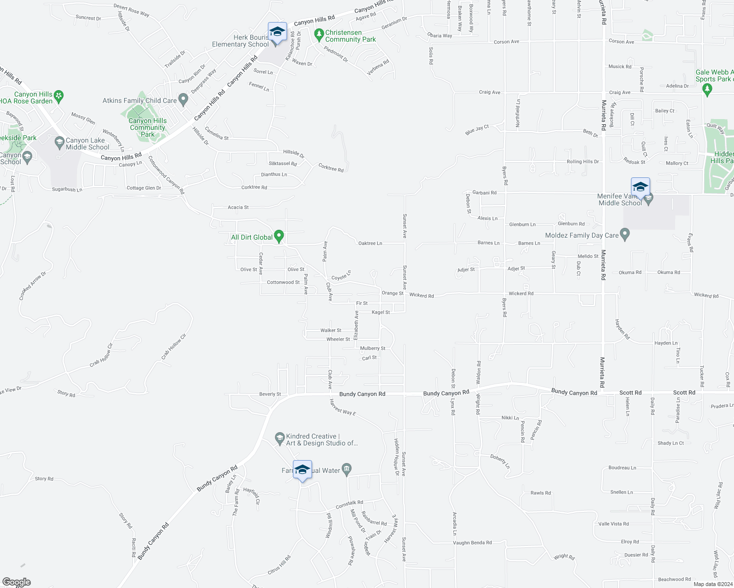 map of restaurants, bars, coffee shops, grocery stores, and more near Orange Street in Menifee