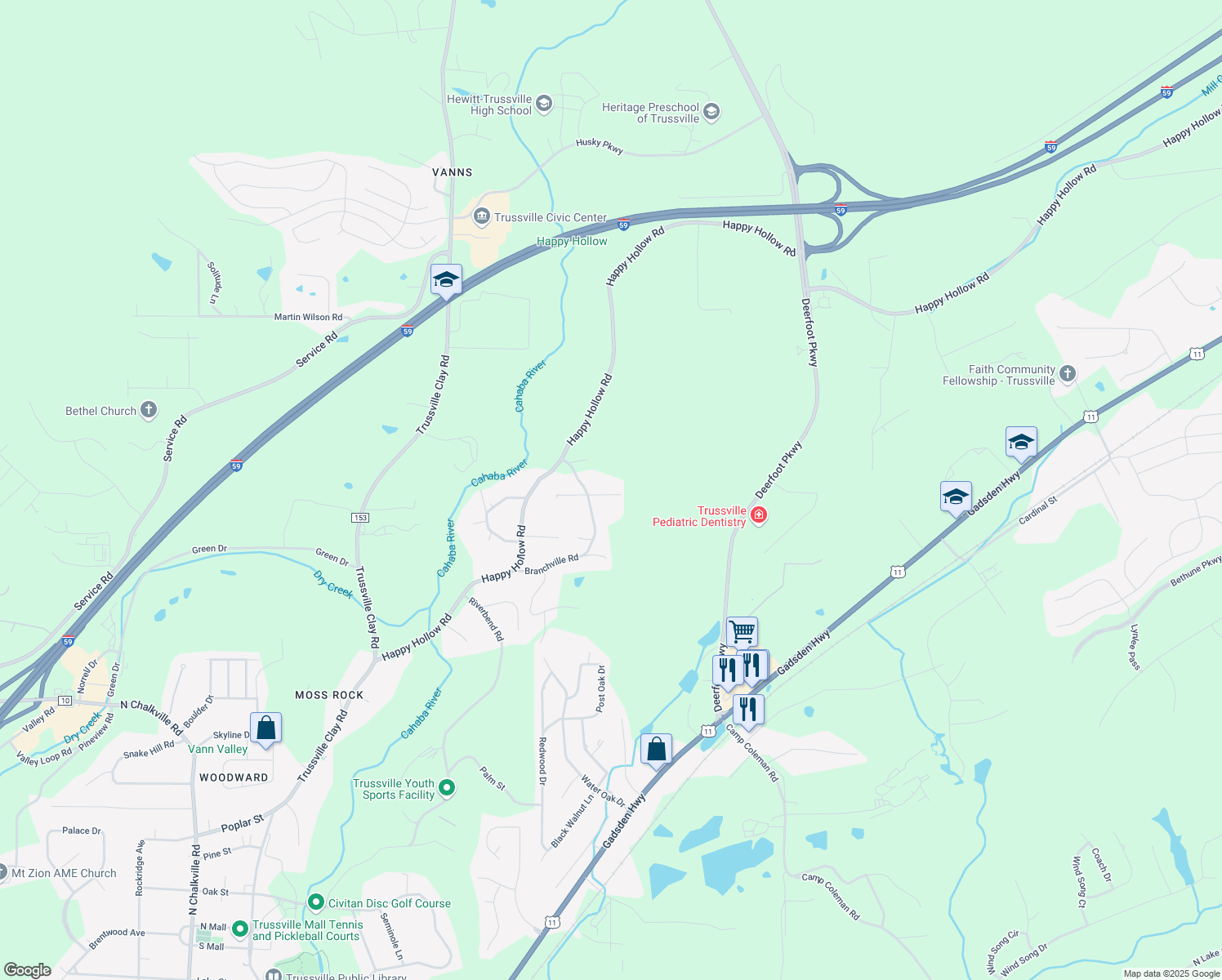 map of restaurants, bars, coffee shops, grocery stores, and more near 7038 Mann Drive in Trussville