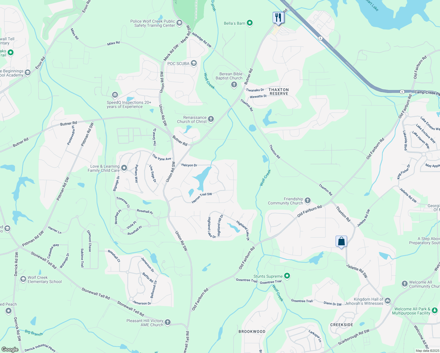 map of restaurants, bars, coffee shops, grocery stores, and more near 5175 Halcyon Drive in Atlanta