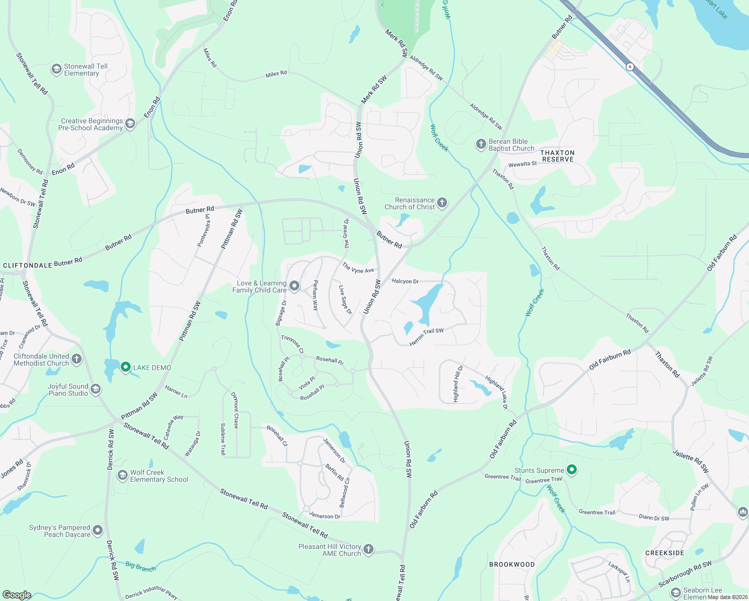 map of restaurants, bars, coffee shops, grocery stores, and more near 3895 Union Road Southwest in College Park