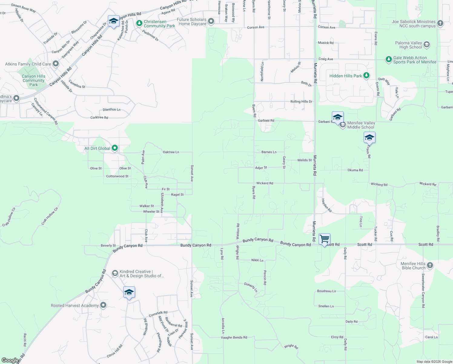 map of restaurants, bars, coffee shops, grocery stores, and more near 25295 Adjer Street in Menifee