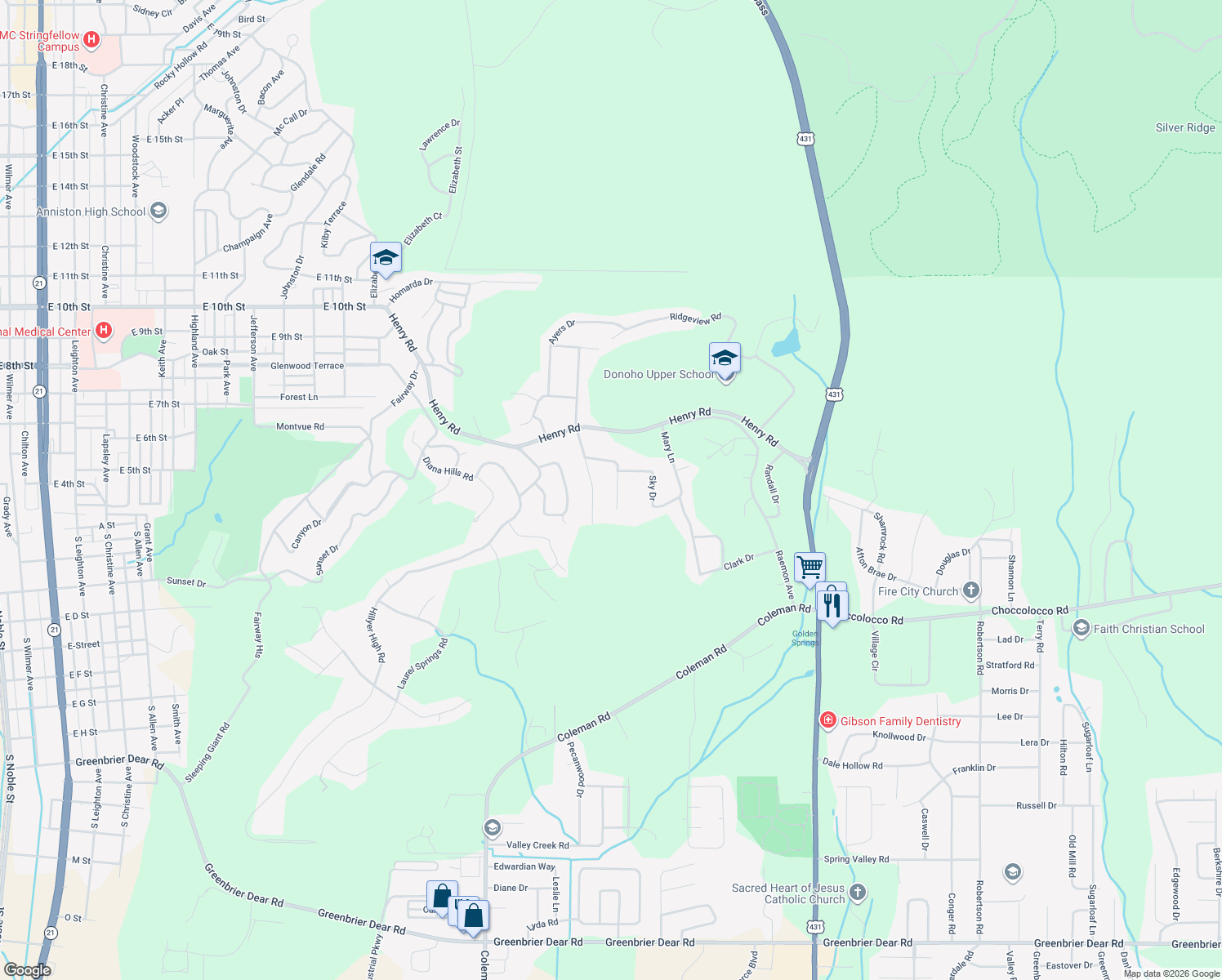 map of restaurants, bars, coffee shops, grocery stores, and more near 324 Wildwood Road in Anniston