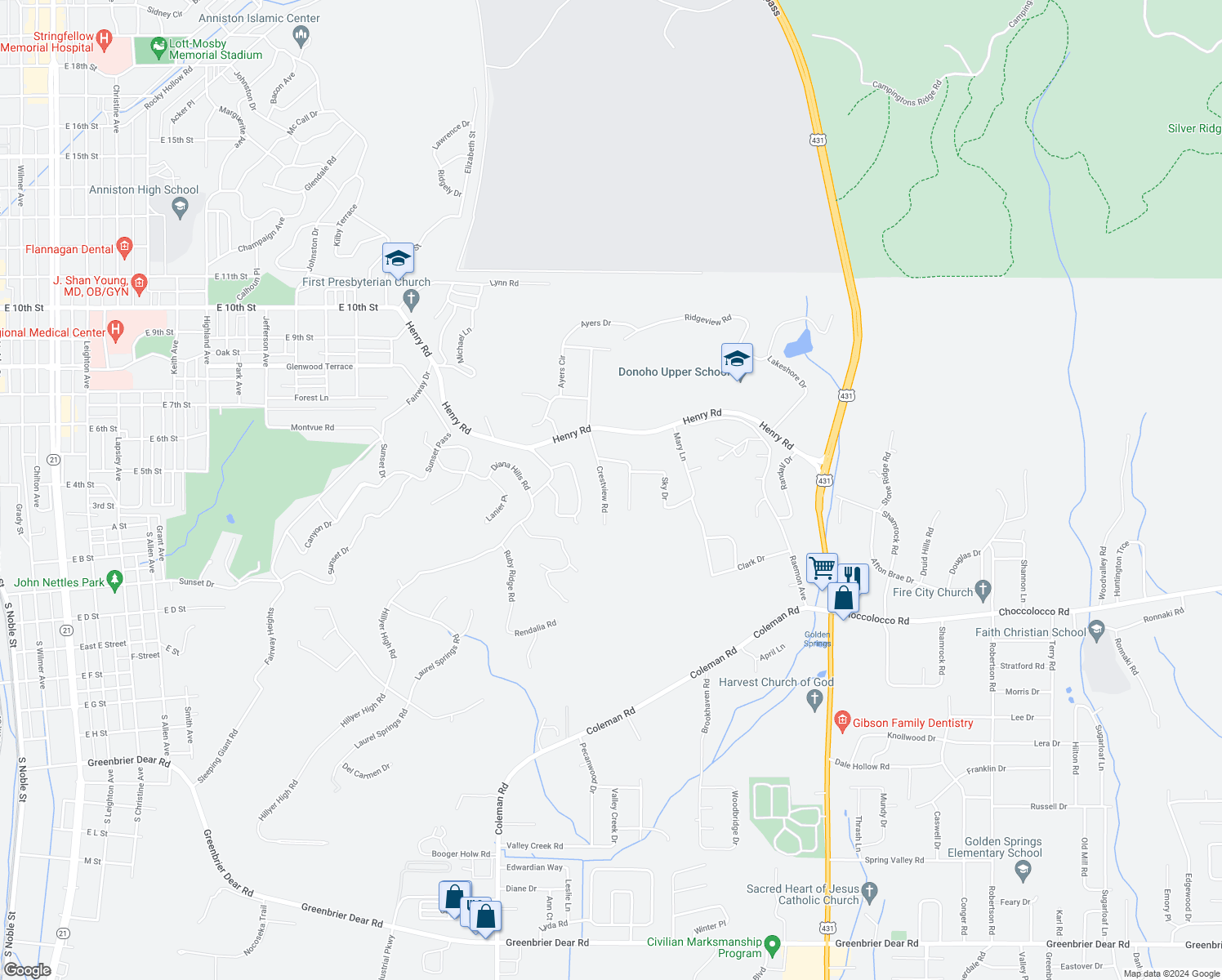 map of restaurants, bars, coffee shops, grocery stores, and more near 313 Crestview Road in Anniston