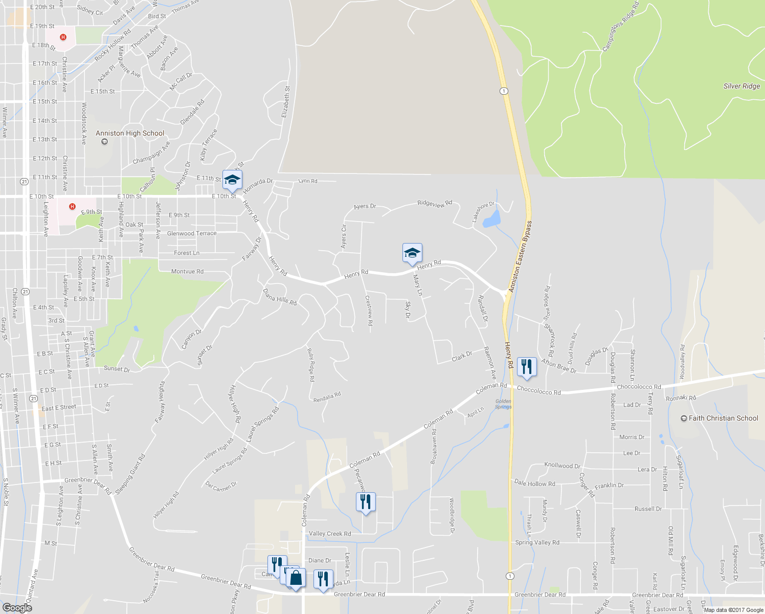 map of restaurants, bars, coffee shops, grocery stores, and more near 324 Wildwood Road in Anniston