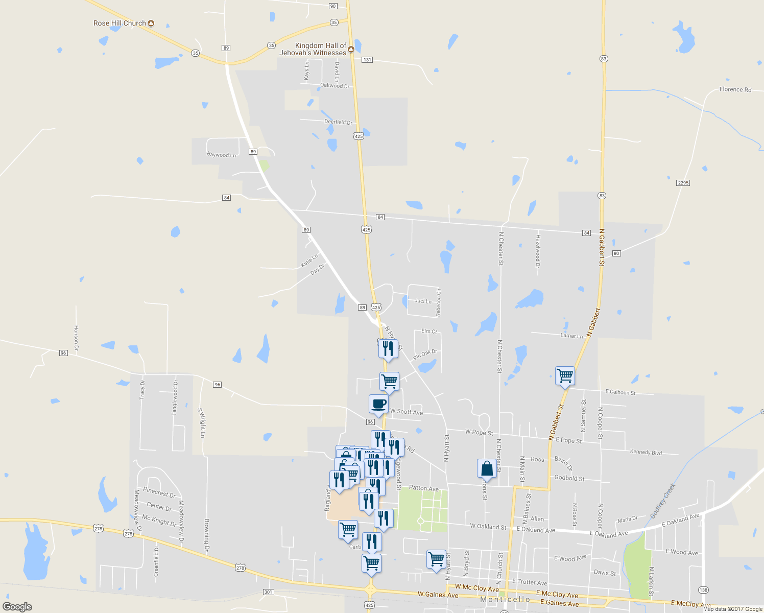 map of restaurants, bars, coffee shops, grocery stores, and more near 109 Circle Acres Drive in Monticello