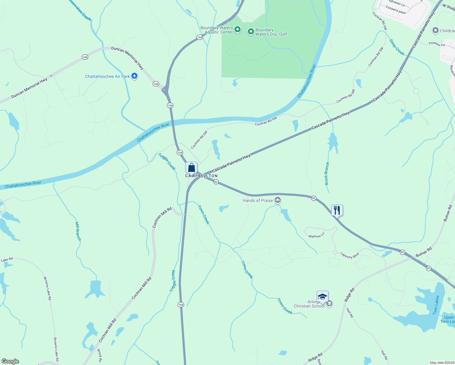 map of restaurants, bars, coffee shops, grocery stores, and more near 8455 Fairburn Rd in Fairburn