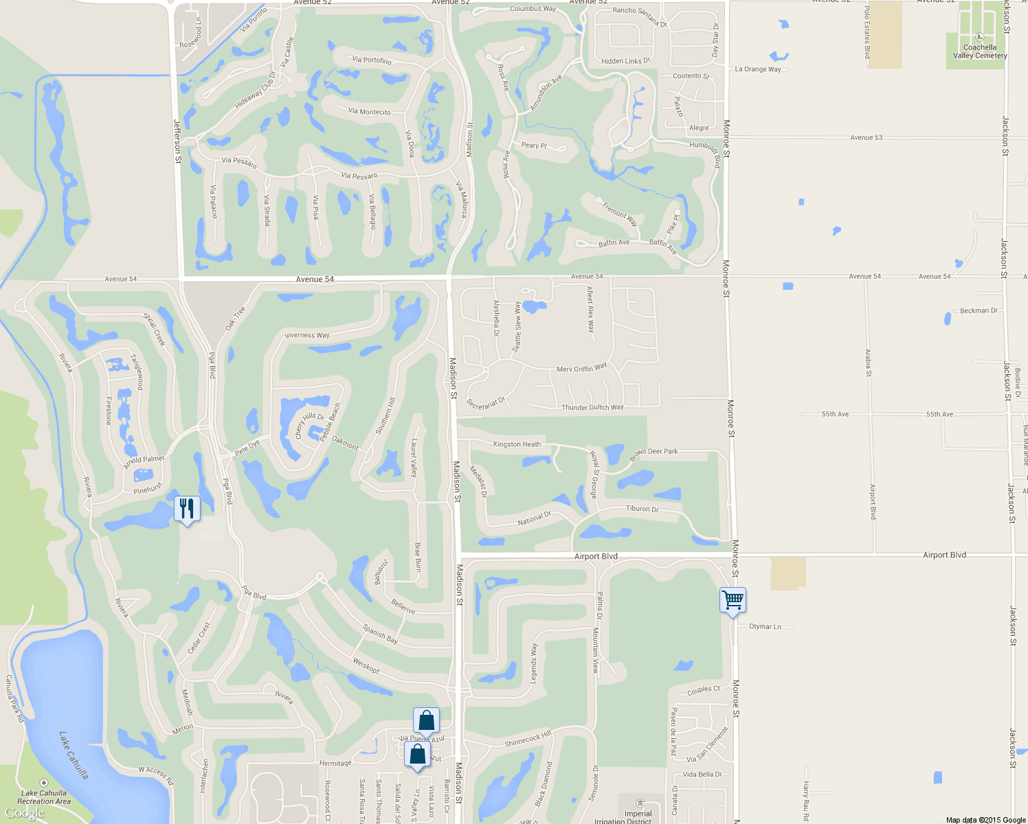 map of restaurants, bars, coffee shops, grocery stores, and more near 81240 Alydar Court in La Quinta