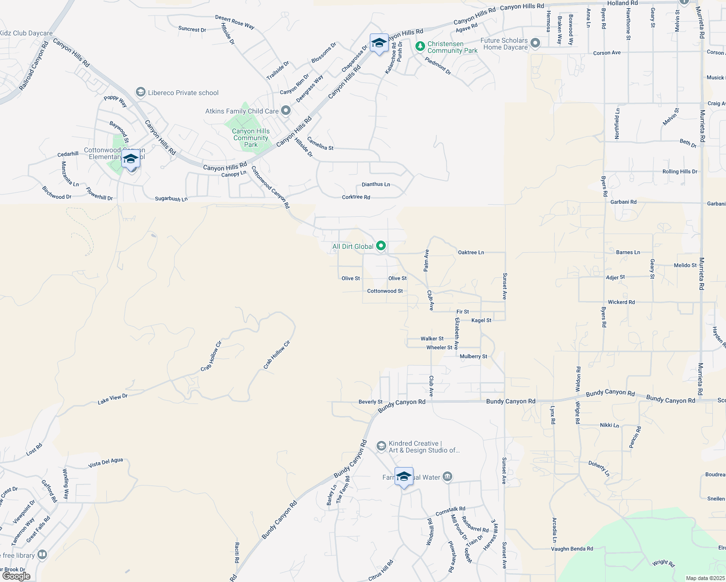 map of restaurants, bars, coffee shops, grocery stores, and more near Cottonwood Street in Menifee