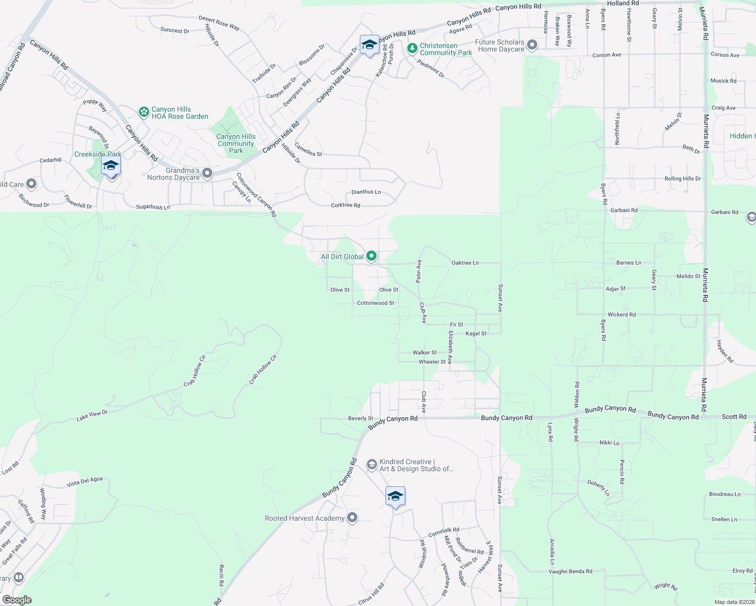 map of restaurants, bars, coffee shops, grocery stores, and more near Cottonwood Street in Menifee