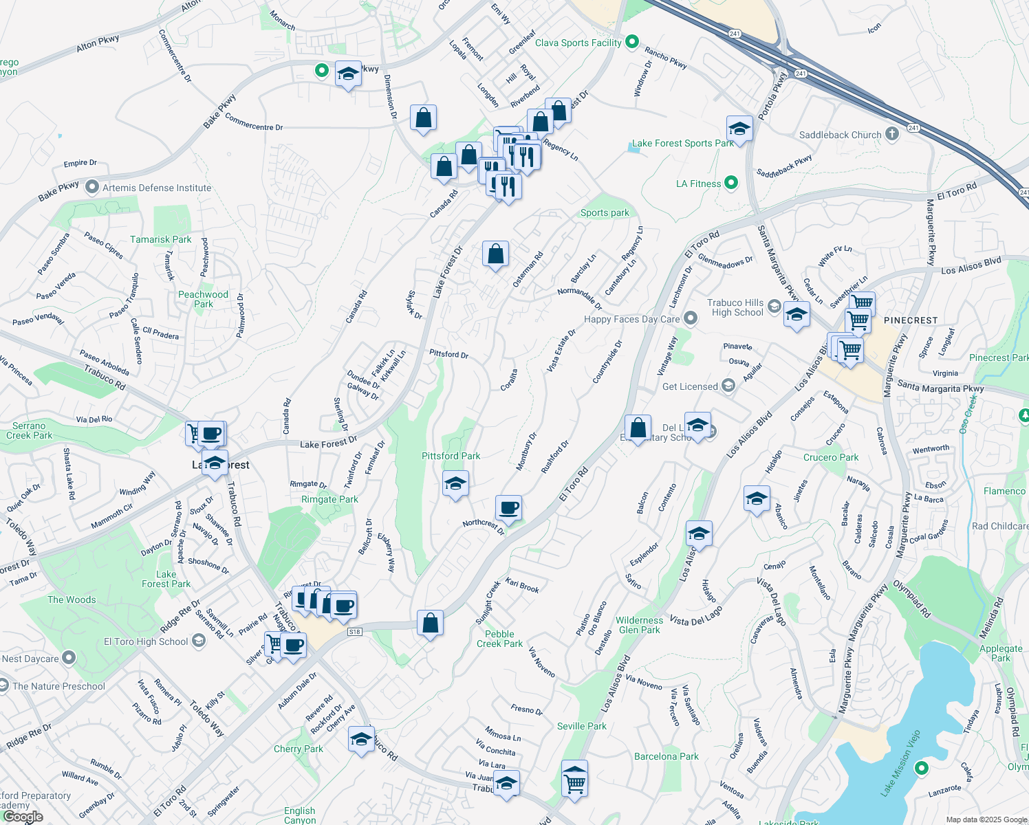 map of restaurants, bars, coffee shops, grocery stores, and more near 26541 Elmcrest Way in Lake Forest