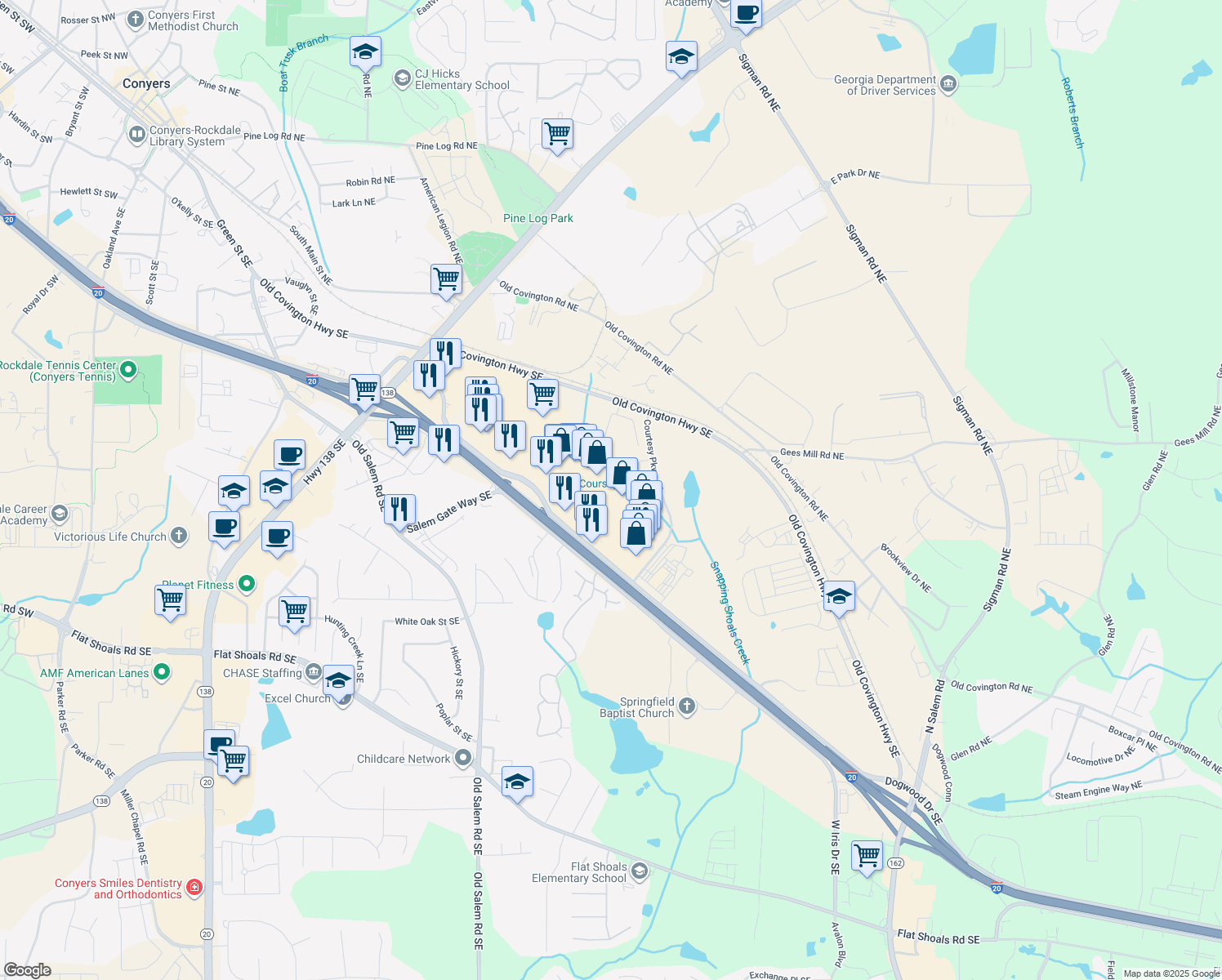 map of restaurants, bars, coffee shops, grocery stores, and more near 1540 Dogwood Drive Southeast in Conyers
