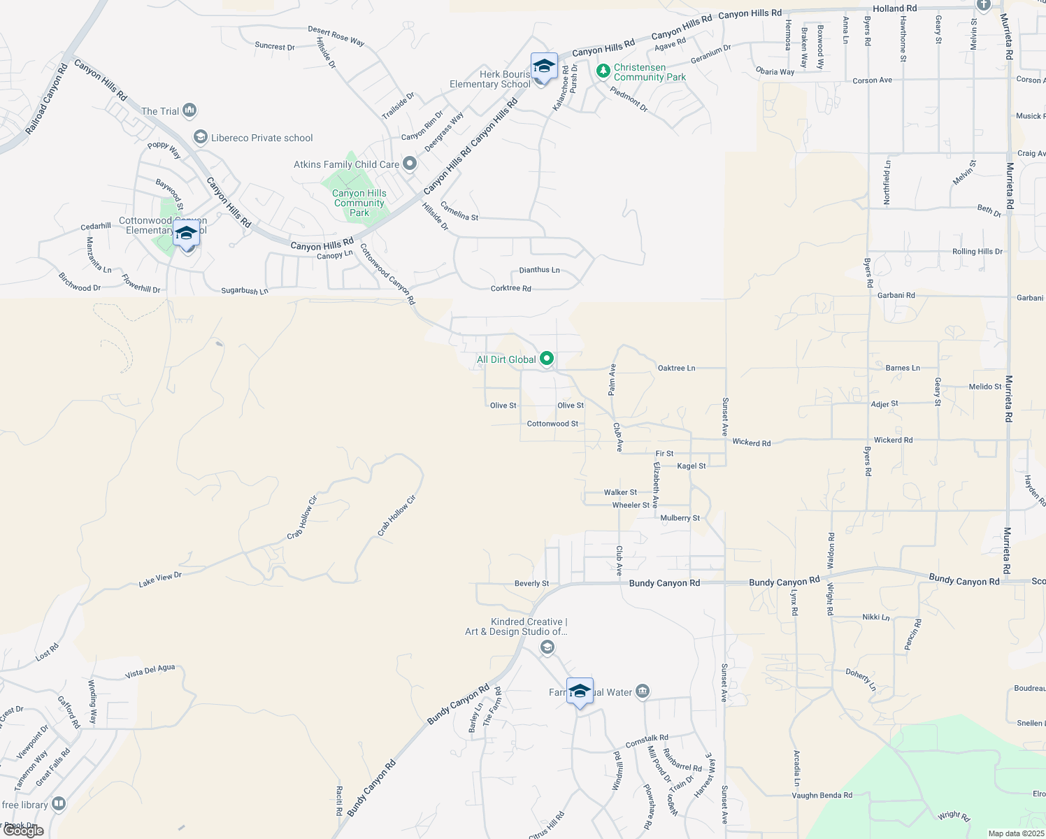 map of restaurants, bars, coffee shops, grocery stores, and more near Cottonwood Street in Menifee