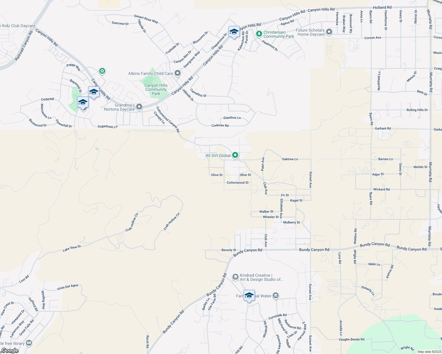 map of restaurants, bars, coffee shops, grocery stores, and more near Olive Street in Wildomar