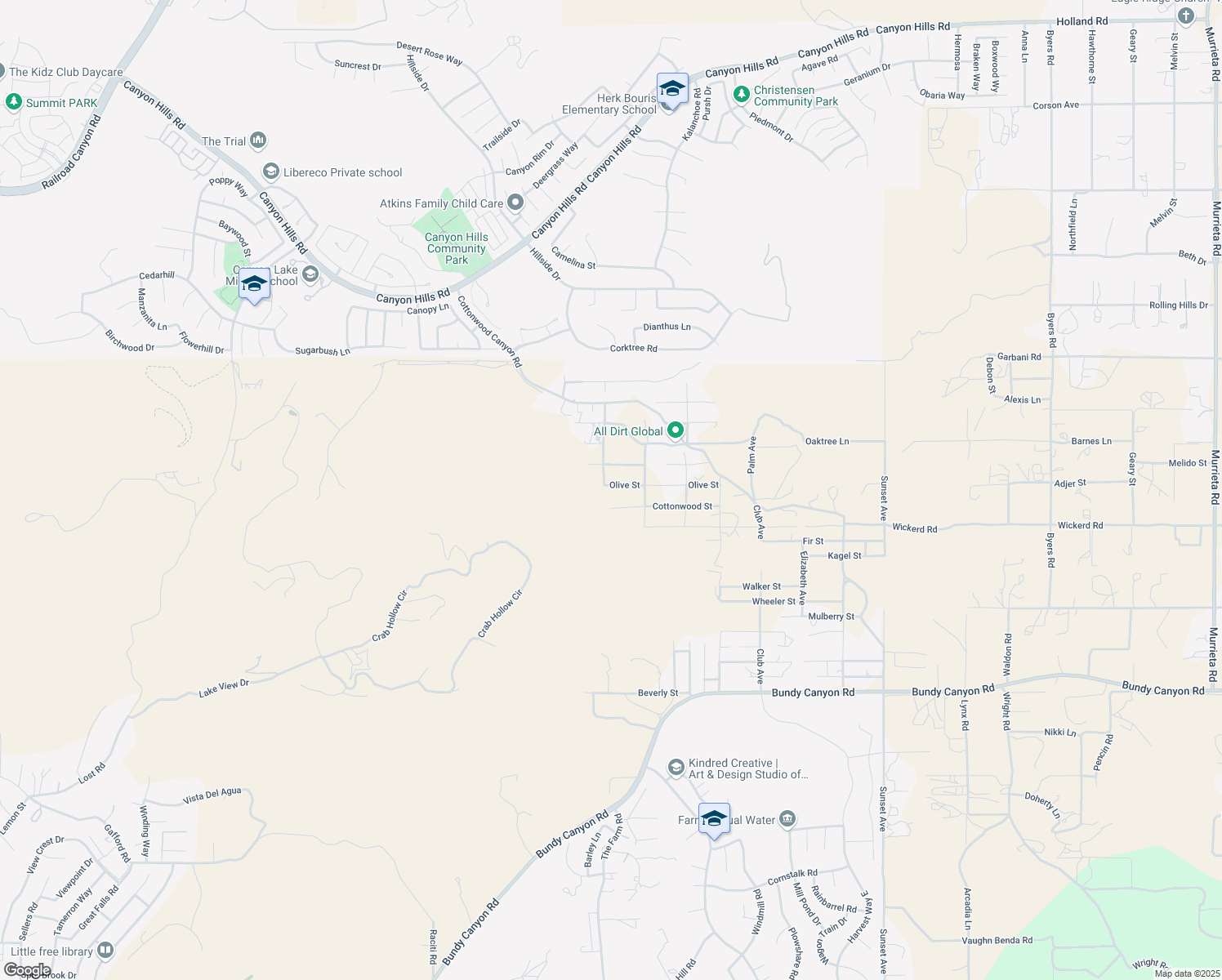 map of restaurants, bars, coffee shops, grocery stores, and more near Olive Street in Menifee