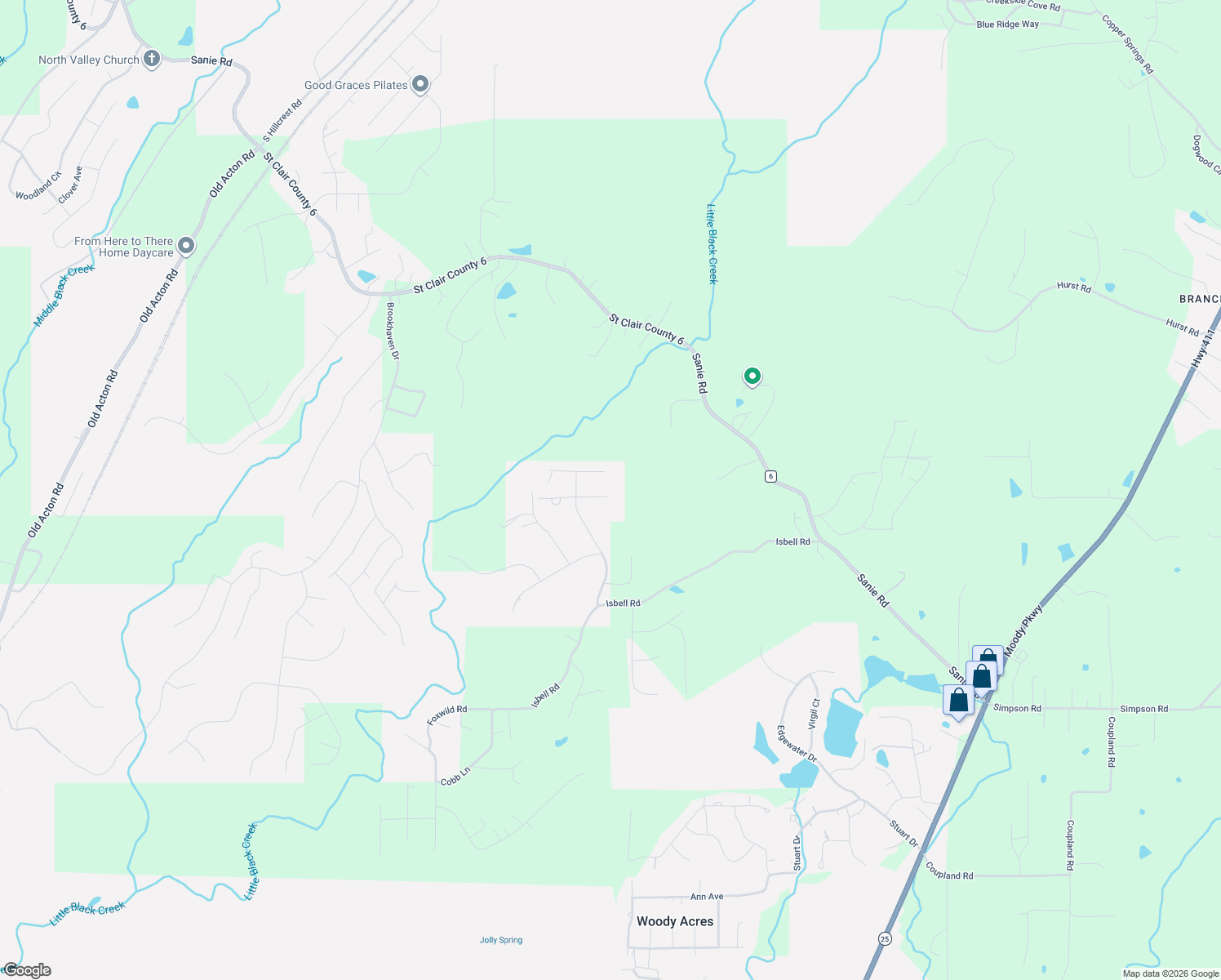 map of restaurants, bars, coffee shops, grocery stores, and more near 40 Jamaica Lane in Odenville