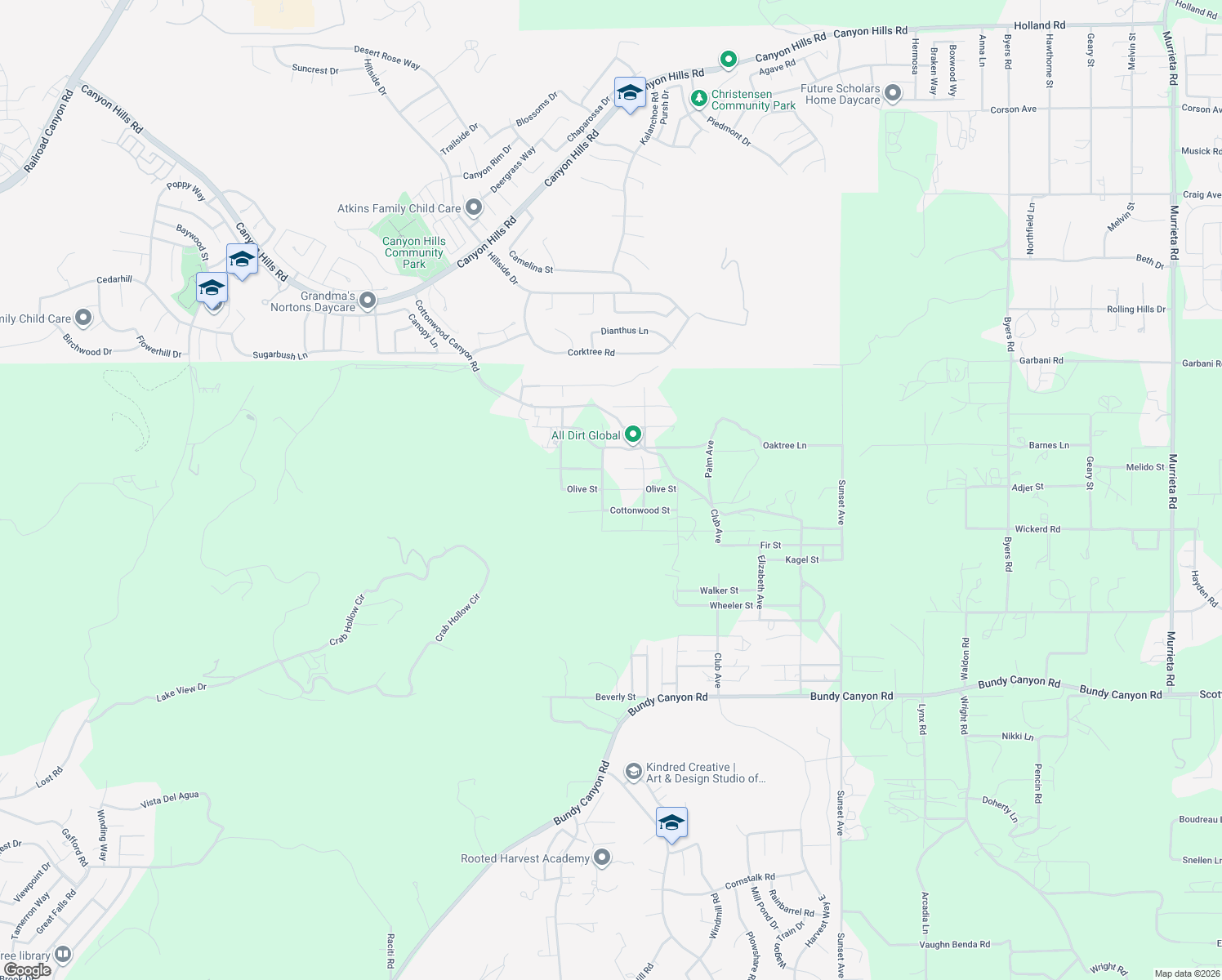 map of restaurants, bars, coffee shops, grocery stores, and more near Olive Street in Wildomar