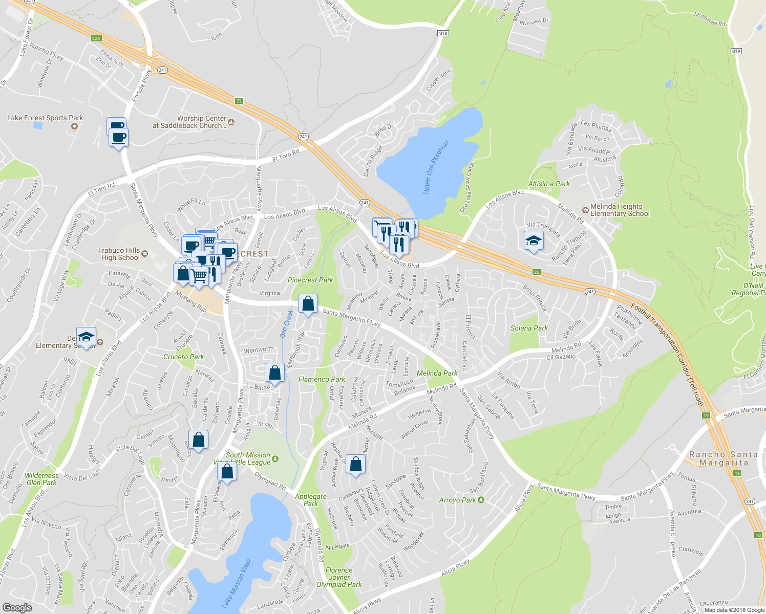 map of restaurants, bars, coffee shops, grocery stores, and more near 21472 Bastia in Mission Viejo