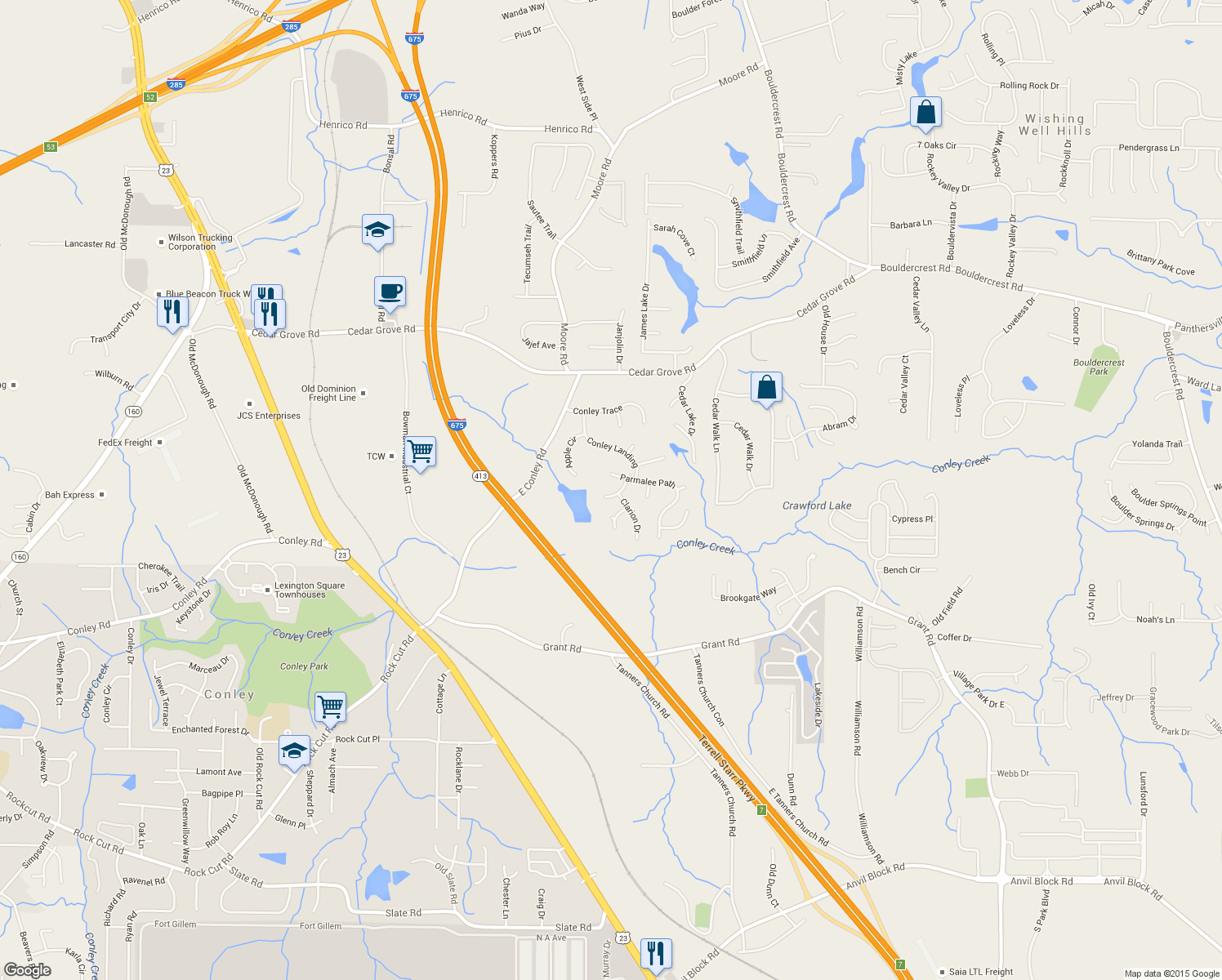 map of restaurants, bars, coffee shops, grocery stores, and more near 1764 Lake Edge Circle in Conley