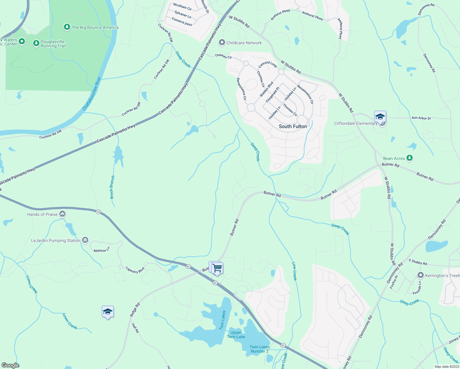 map of restaurants, bars, coffee shops, grocery stores, and more near 3887 Oakman Pl in Fairburn